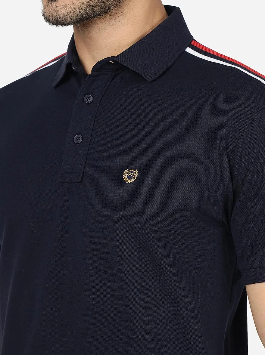 Navy Blue Solid Slim Fit Polo T-Shirt | JadeBlue