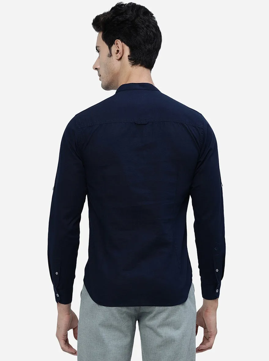 Navy Blue Solid Slim Fit Semi Casual Shirt | Greenfibre