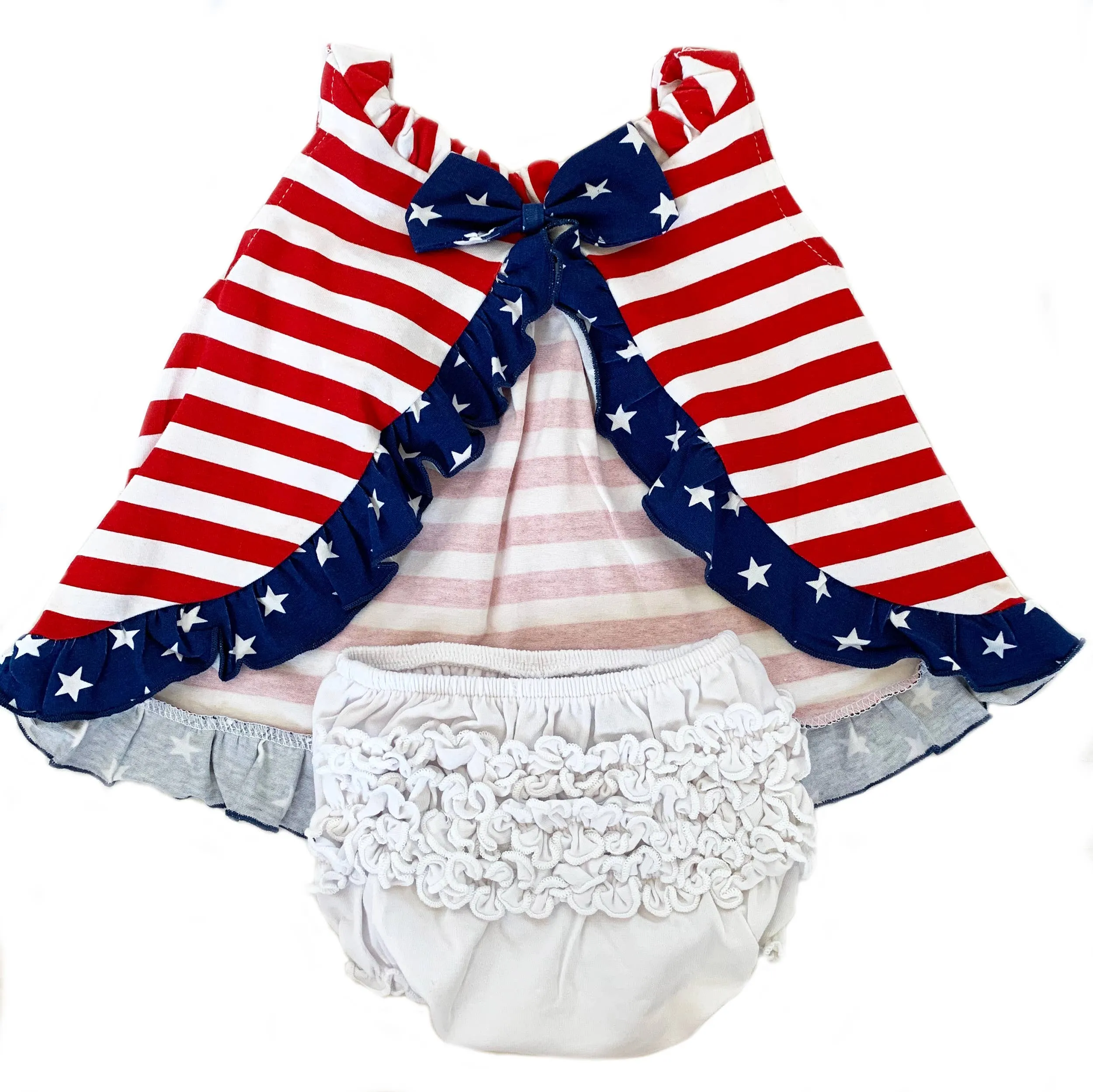 NEW AnnLoren -  6-12 months 4th of July Swing Tank Top Ruffle trim and Bow