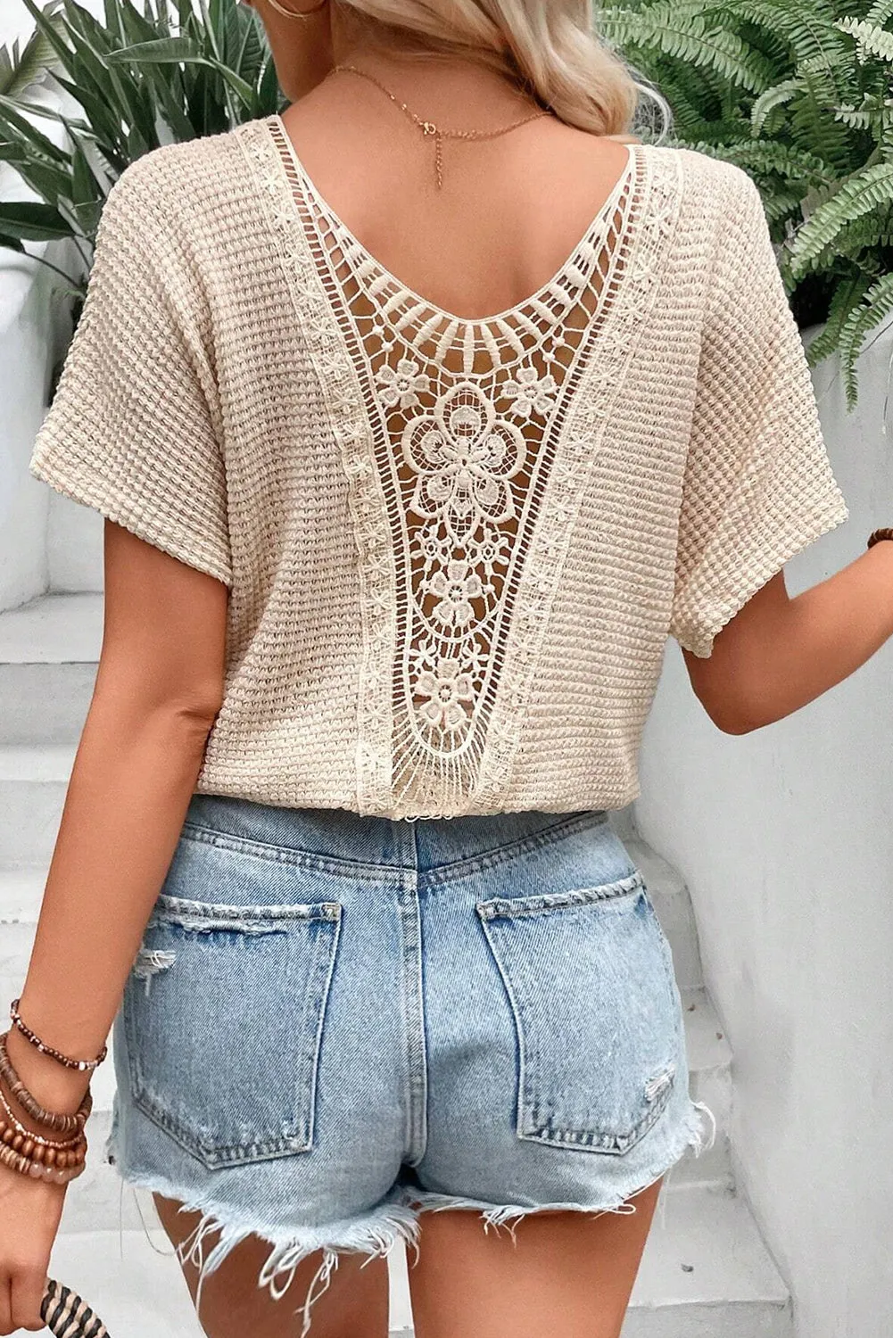 Oatmeal Guipure Lace Patched Back Textured T-shirt