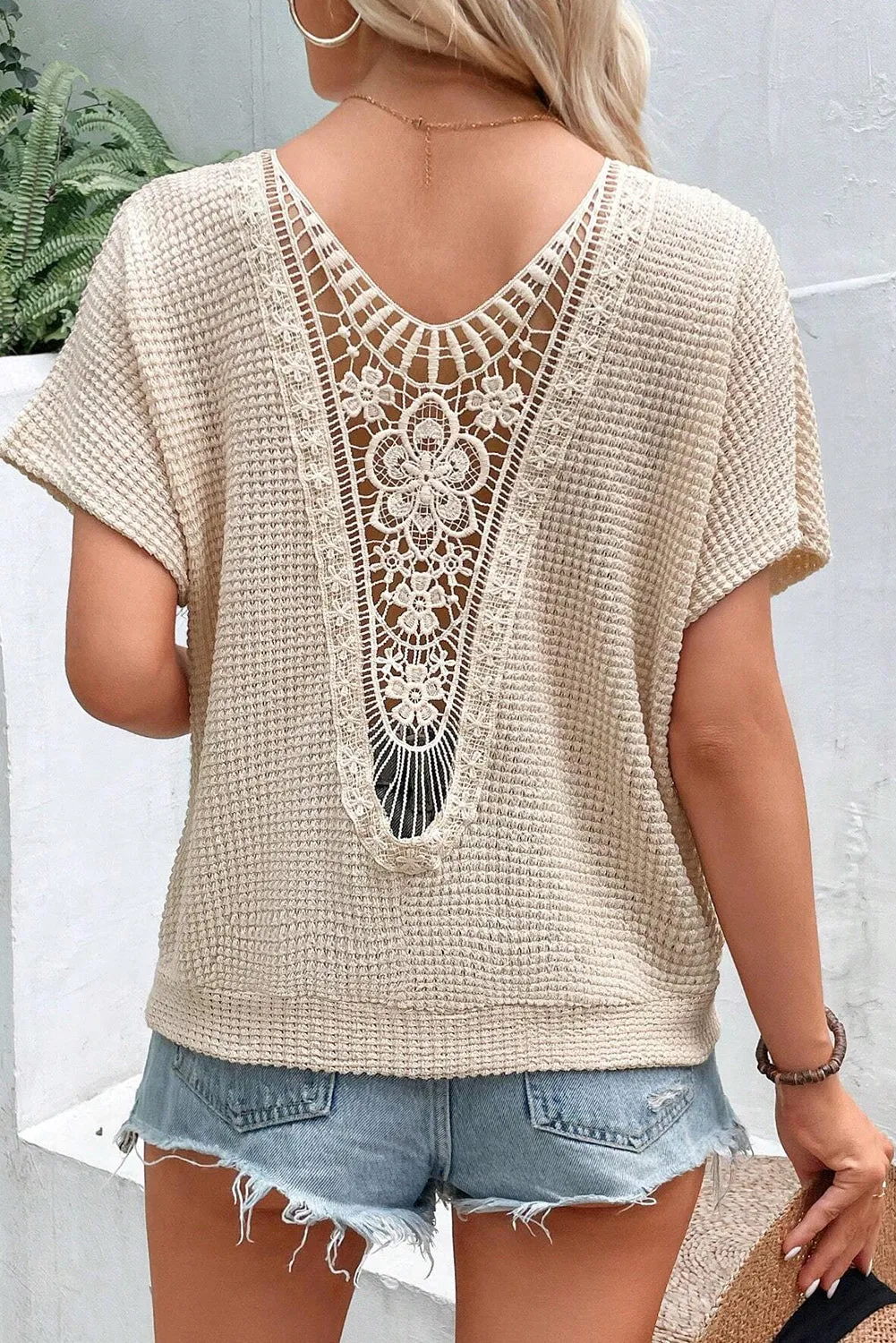 Oatmeal Guipure Lace Patched Back Textured T-shirt