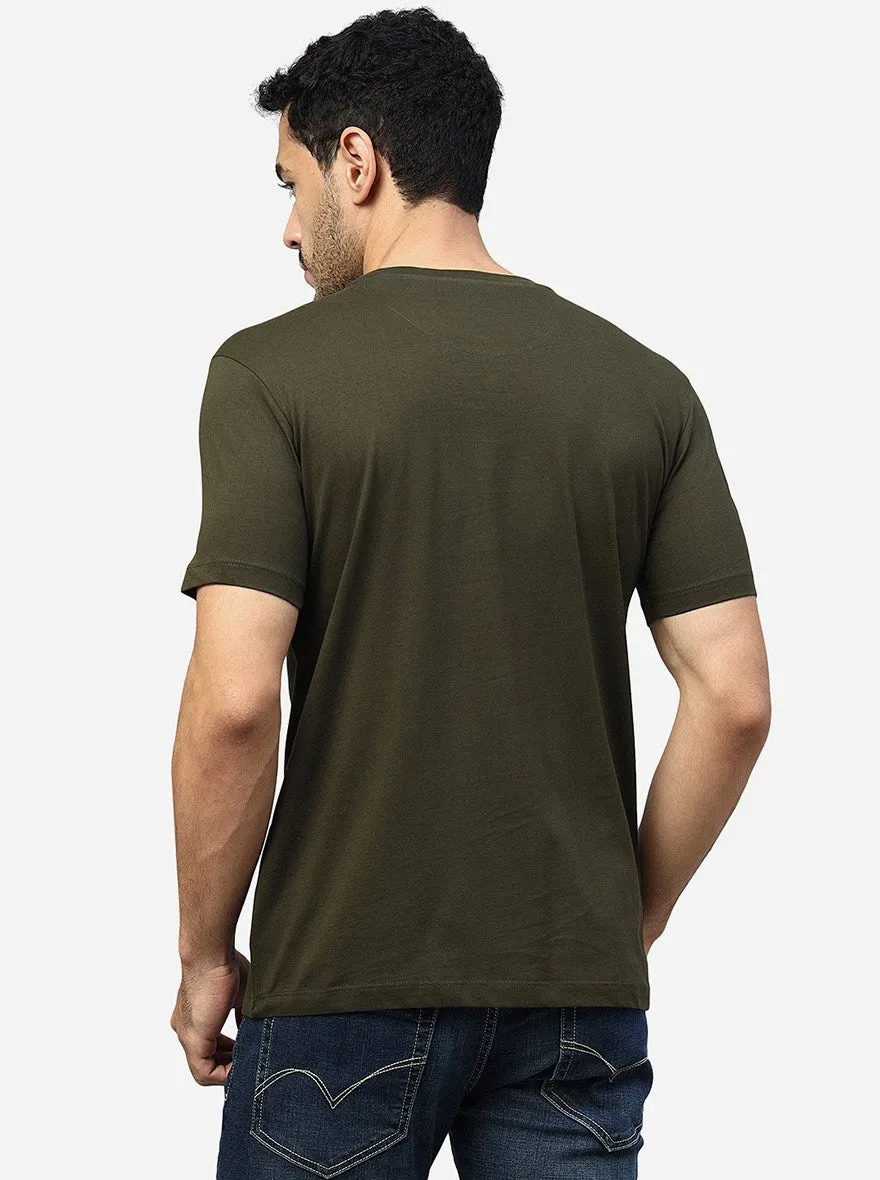 Olive Green Printed Slim Fit T-Shirt | Greenfibre