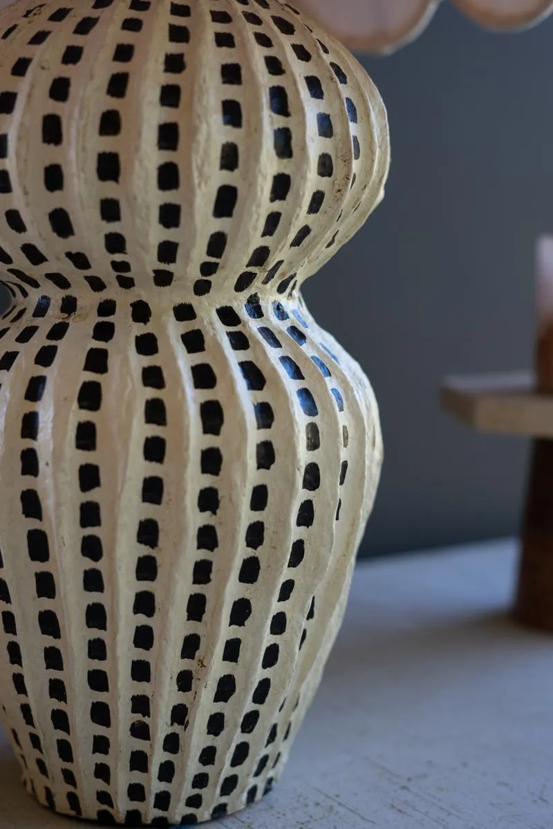 Paper Mache Lamp Base with Black Vertical Dots and Scalloped Fabric Shade