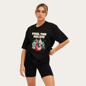 Peach Blossom Women's Printed Over-sized  Tshirt | Cotton Half Sleeve Black Color T-Shirt |  Feel The Music