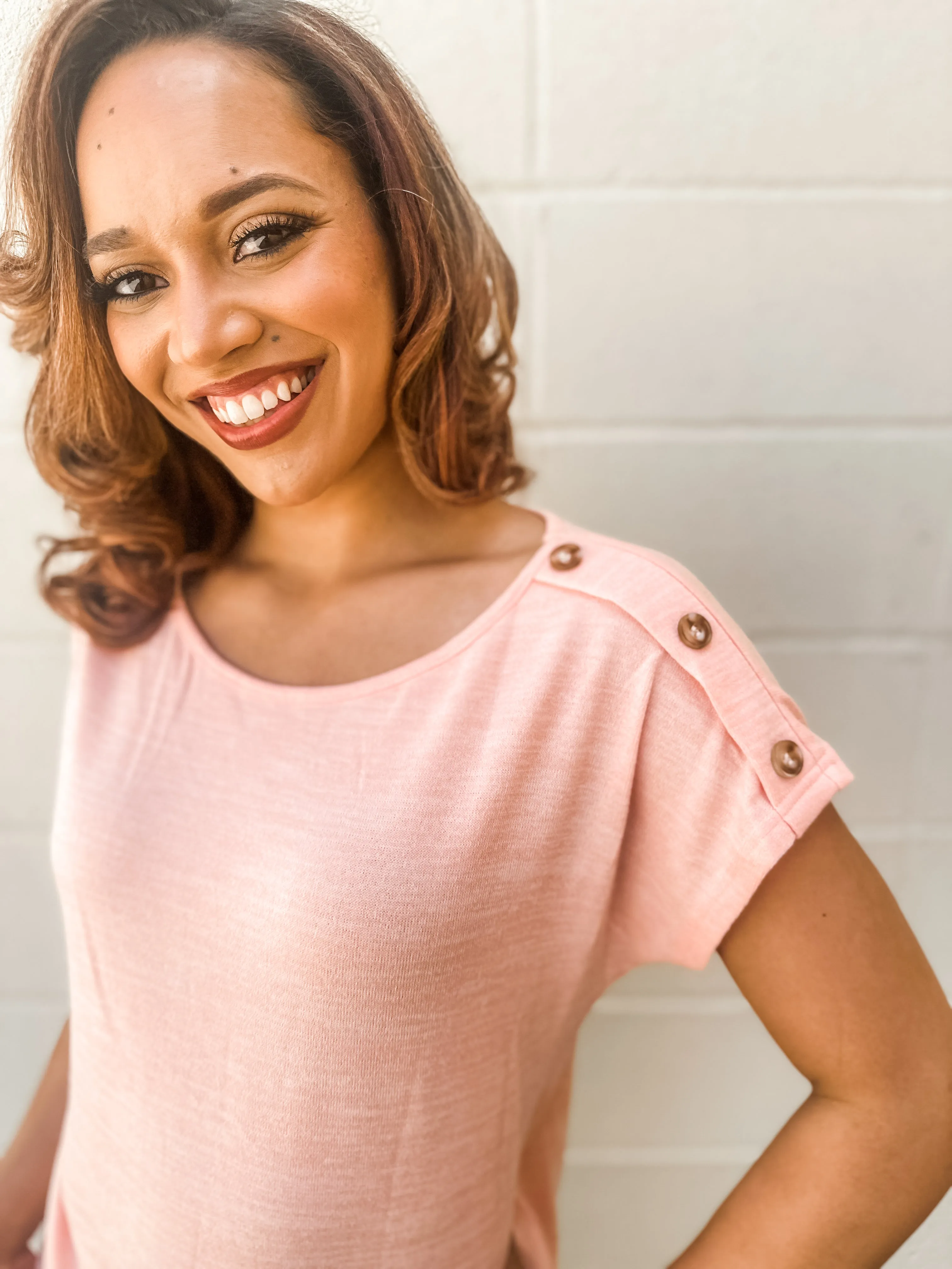 Peachy Pink Button Sleeve Top