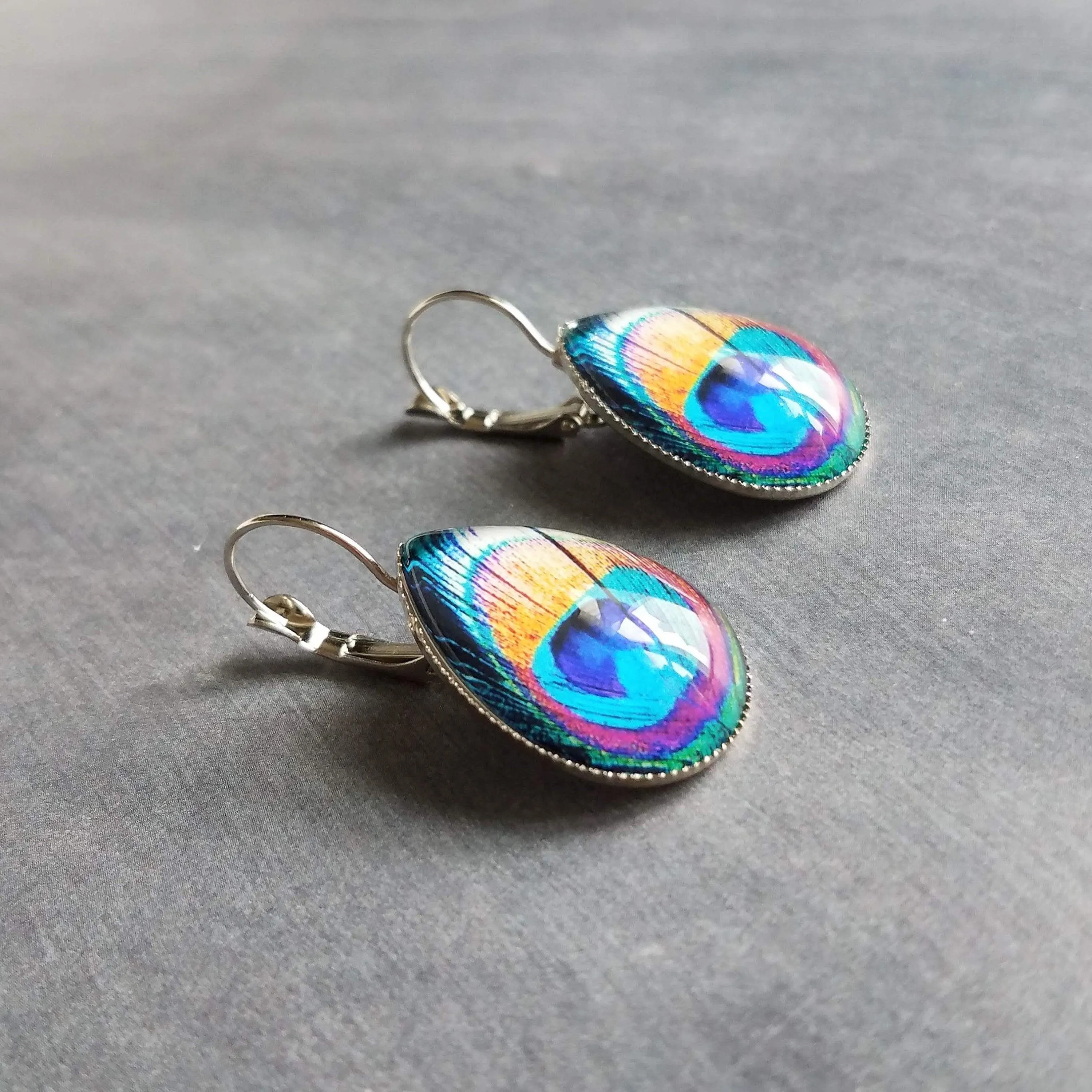 Peacock Earrings, feather earrings, silver earrings, statement earrings bright color teal lever back earrings hypoallergenic stainless steel