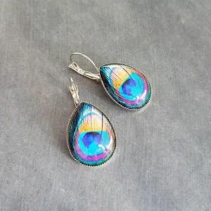 Peacock Earrings, feather earrings, silver earrings, statement earrings bright color teal lever back earrings hypoallergenic stainless steel