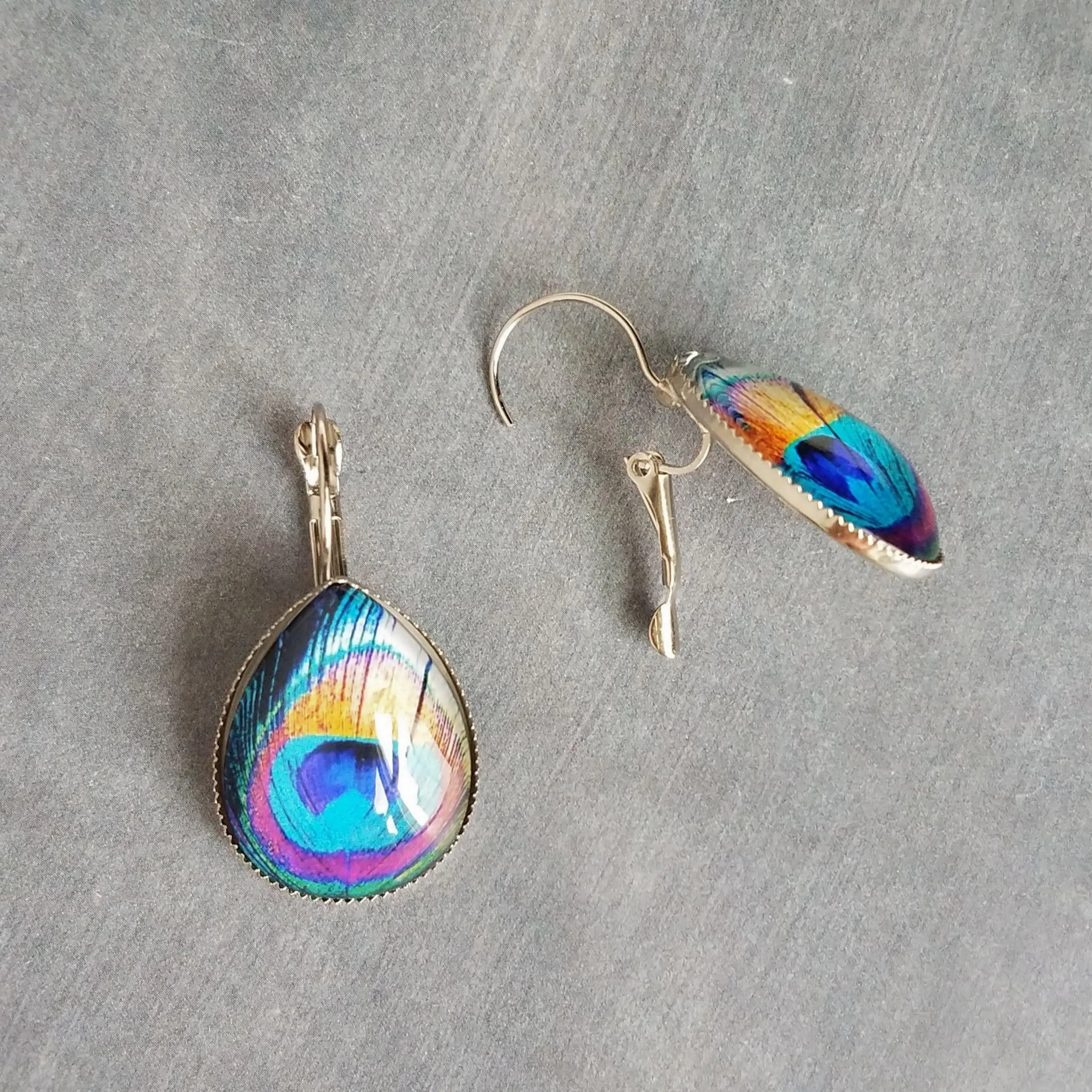 Peacock Earrings, feather earrings, silver earrings, statement earrings bright color teal lever back earrings hypoallergenic stainless steel