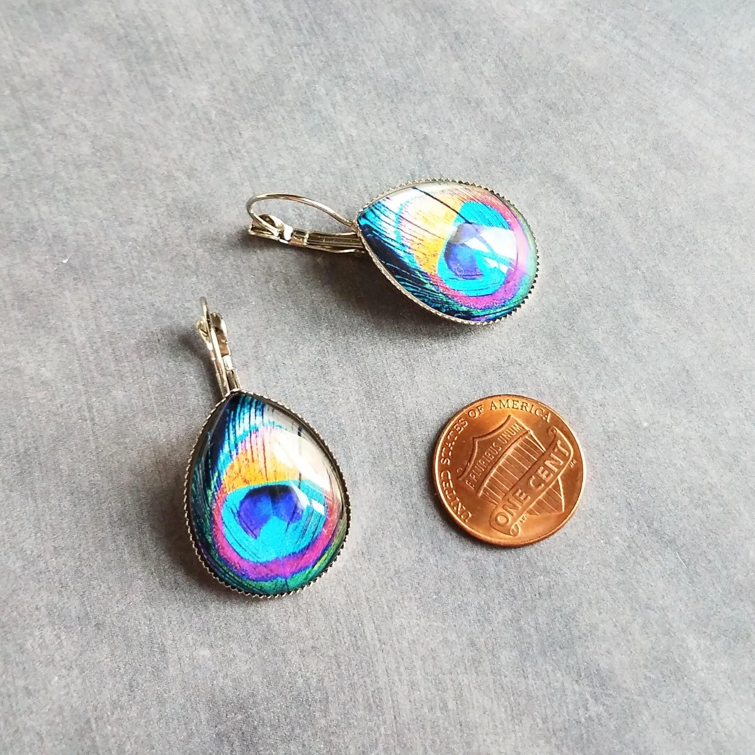 Peacock Earrings, feather earrings, silver earrings, statement earrings bright color teal lever back earrings hypoallergenic stainless steel