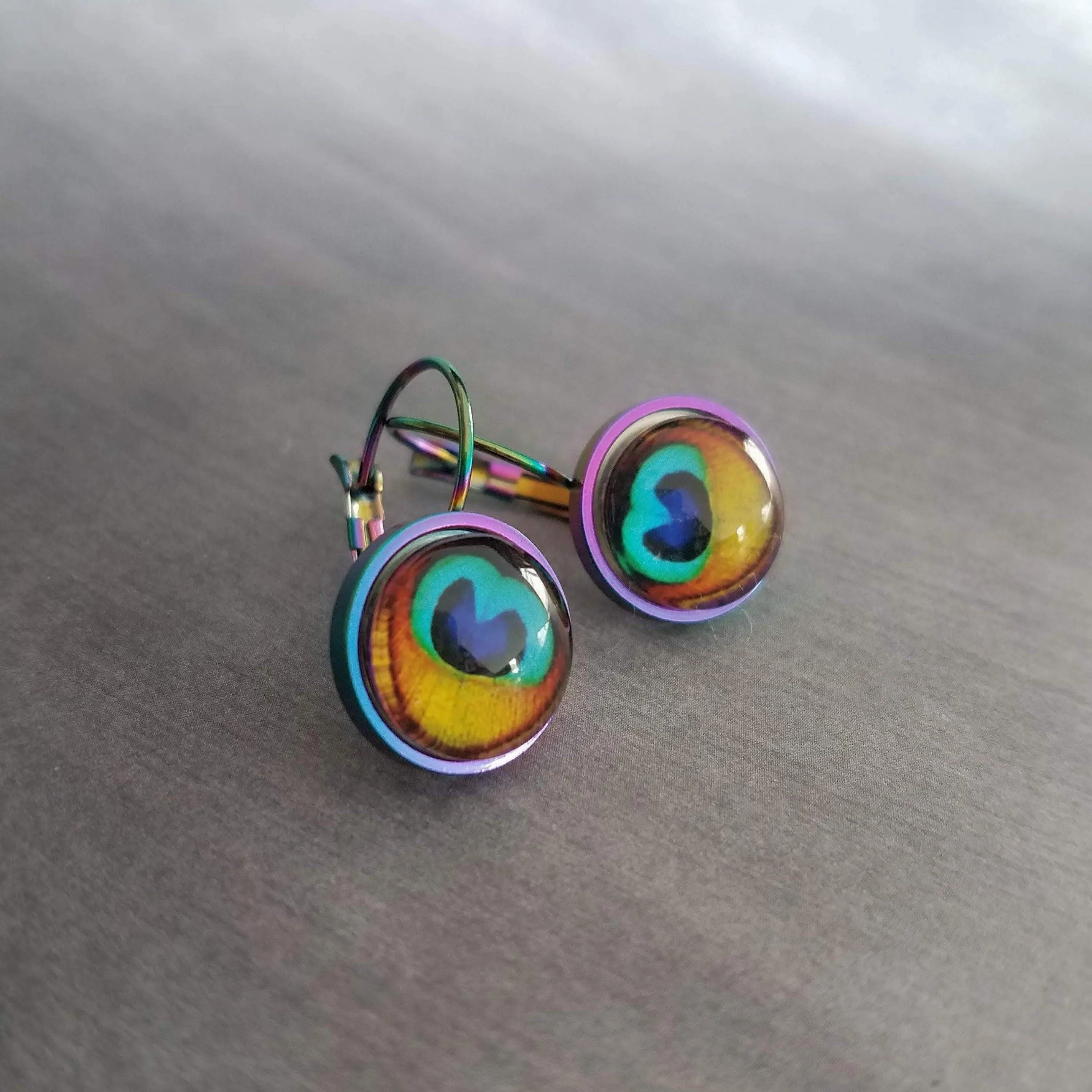 Peacock Feather Earrings, rainbow peacock, lever back earring, stainless steel, locking, bright color, colorful 1 inch earring, snap close