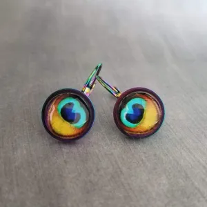 Peacock Feather Earrings, rainbow peacock, lever back earring, stainless steel, locking, bright color, colorful 1 inch earring, snap close