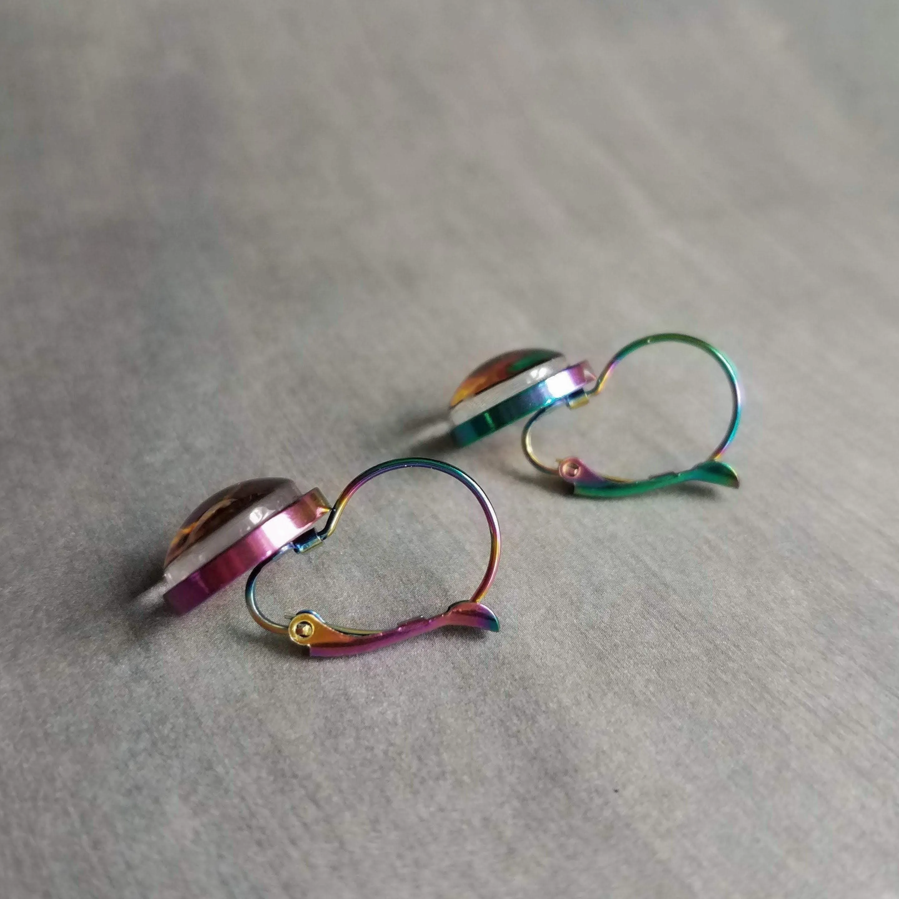 Peacock Feather Earrings, rainbow peacock, lever back earring, stainless steel, locking, bright color, colorful 1 inch earring, snap close