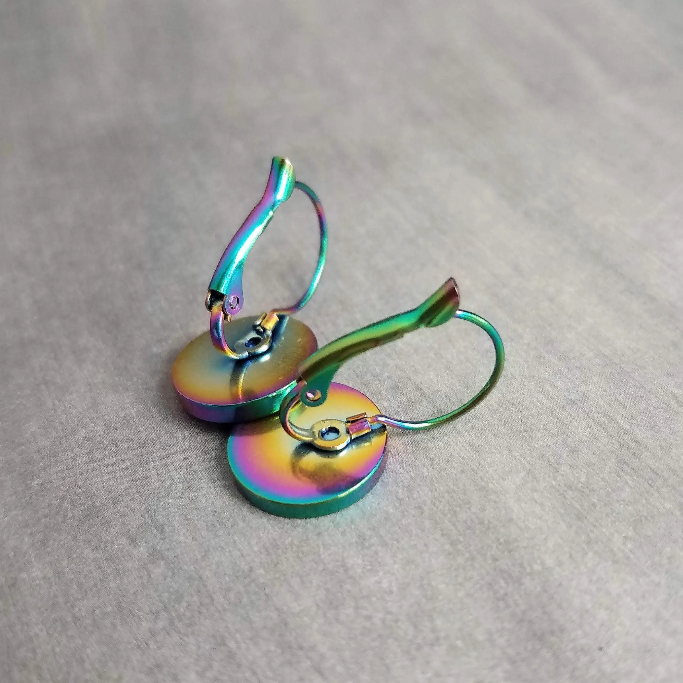 Peacock Feather Earrings, rainbow peacock, lever back earring, stainless steel, locking, bright color, colorful 1 inch earring, snap close