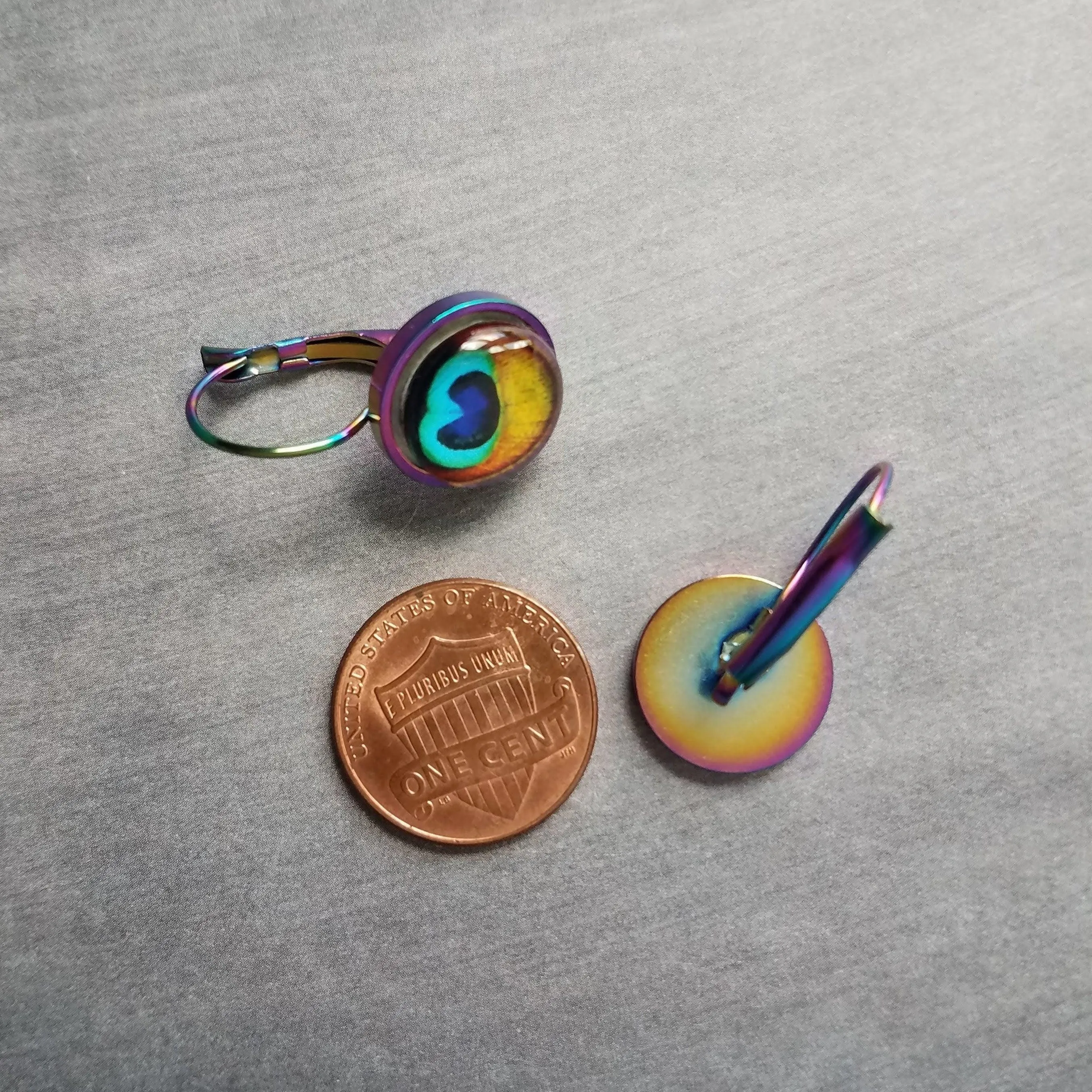 Peacock Feather Earrings, rainbow peacock, lever back earring, stainless steel, locking, bright color, colorful 1 inch earring, snap close