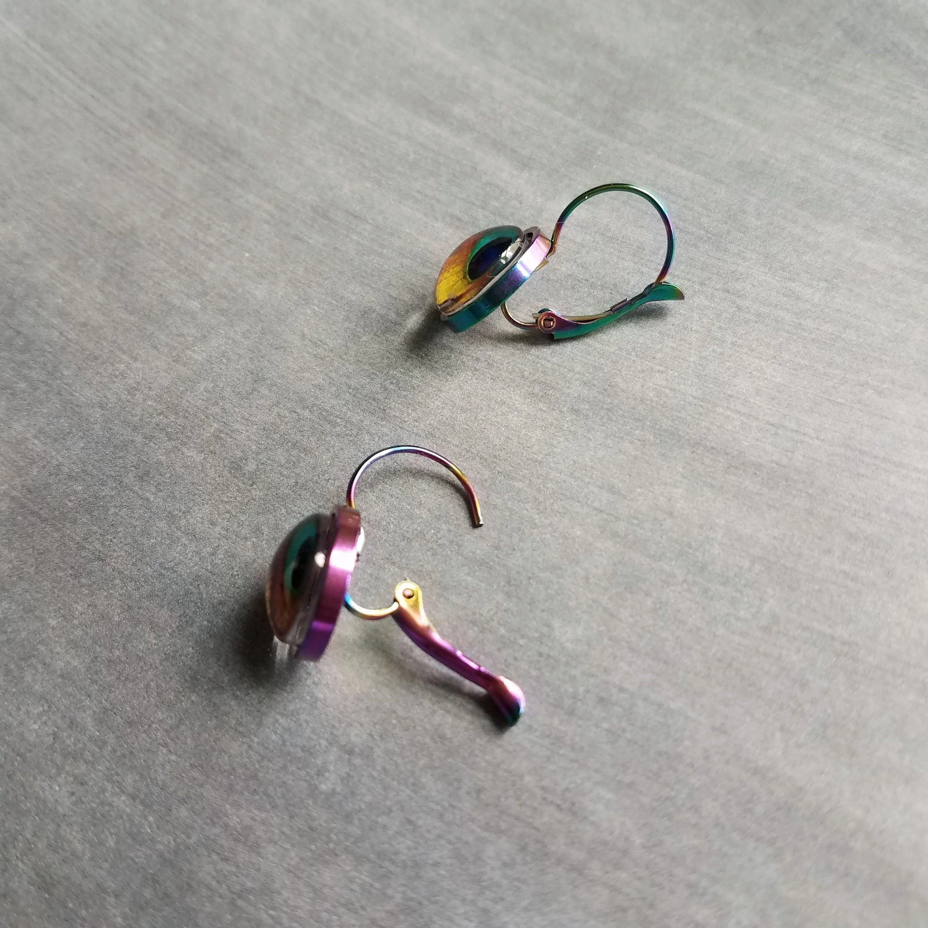 Peacock Feather Earrings, rainbow peacock, lever back earring, stainless steel, locking, bright color, colorful 1 inch earring, snap close