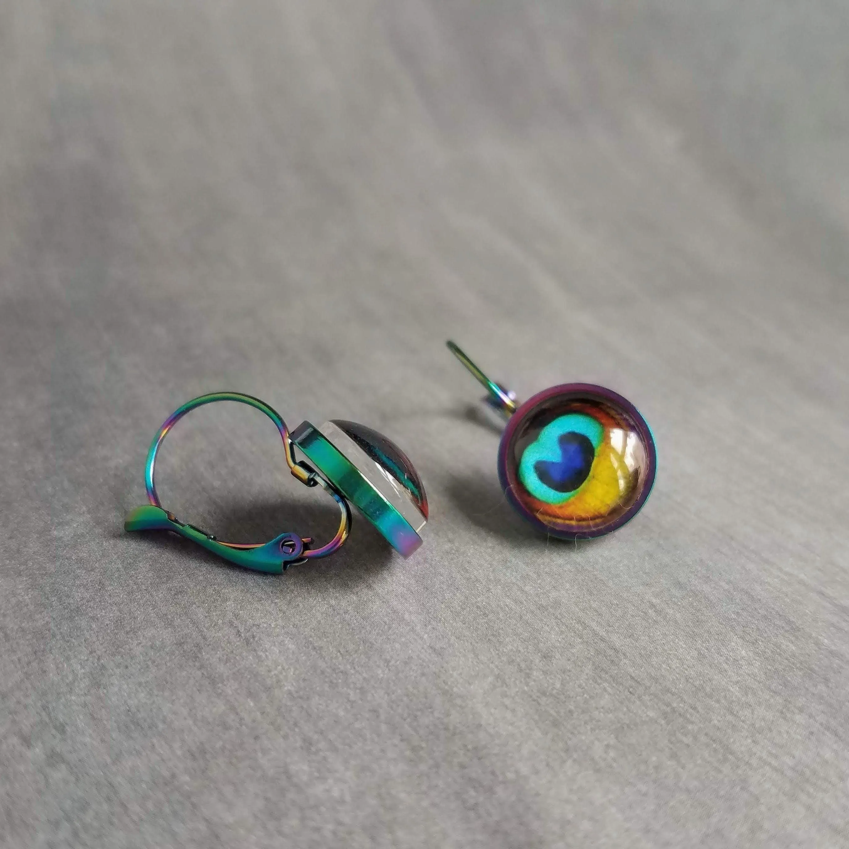 Peacock Feather Earrings, rainbow peacock, lever back earring, stainless steel, locking, bright color, colorful 1 inch earring, snap close
