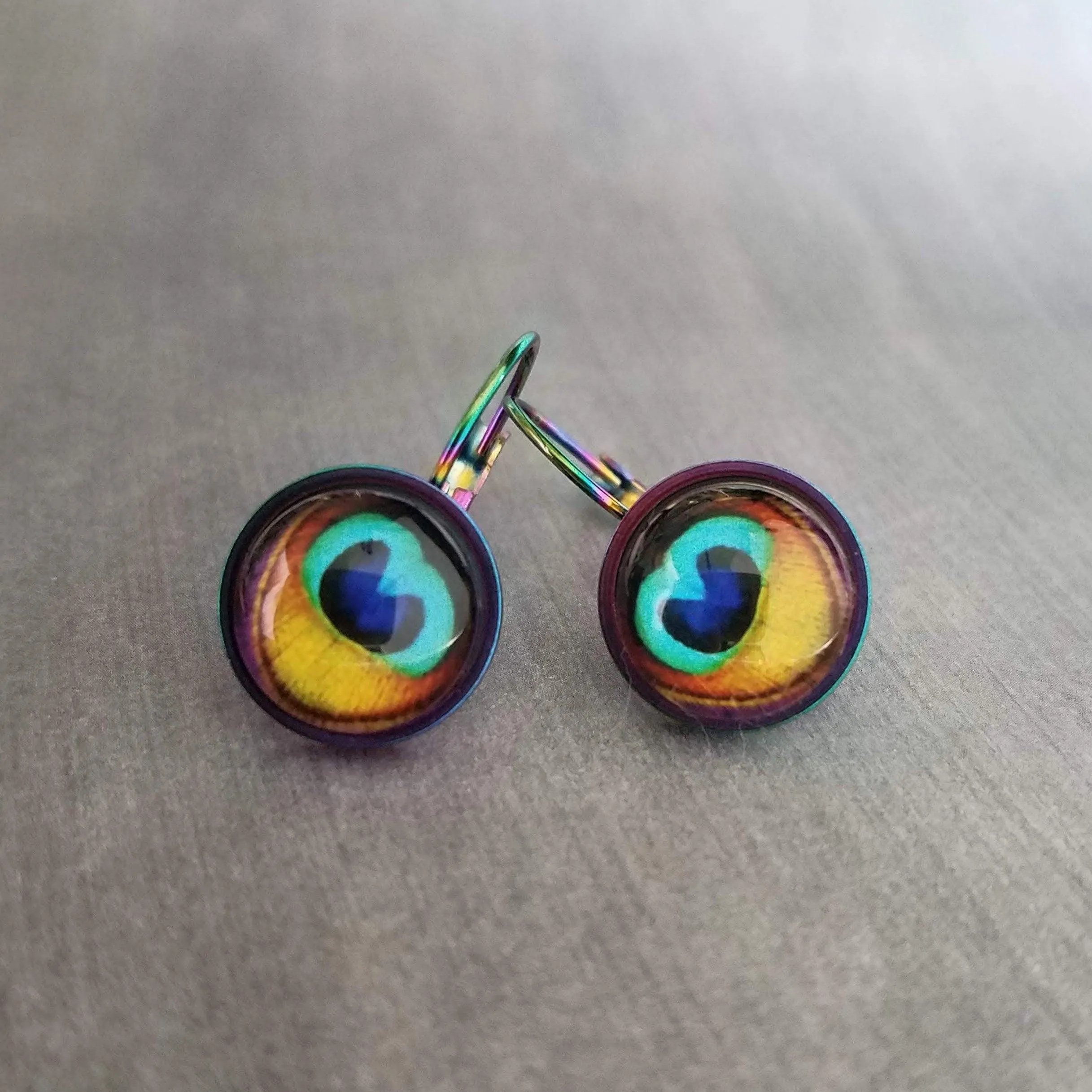 Peacock Feather Earrings, rainbow peacock, lever back earring, stainless steel, locking, bright color, colorful 1 inch earring, snap close
