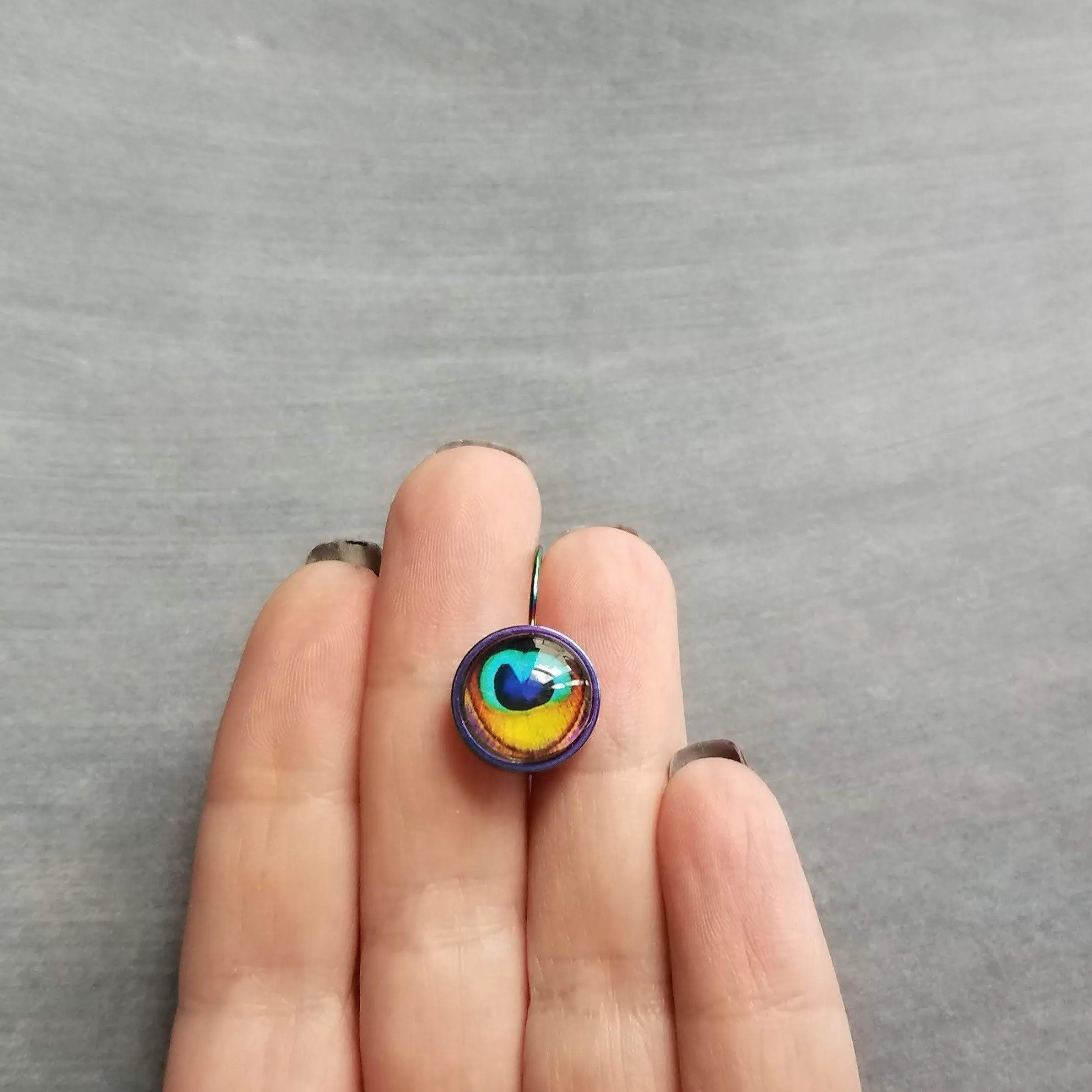 Peacock Feather Earrings, rainbow peacock, lever back earring, stainless steel, locking, bright color, colorful 1 inch earring, snap close