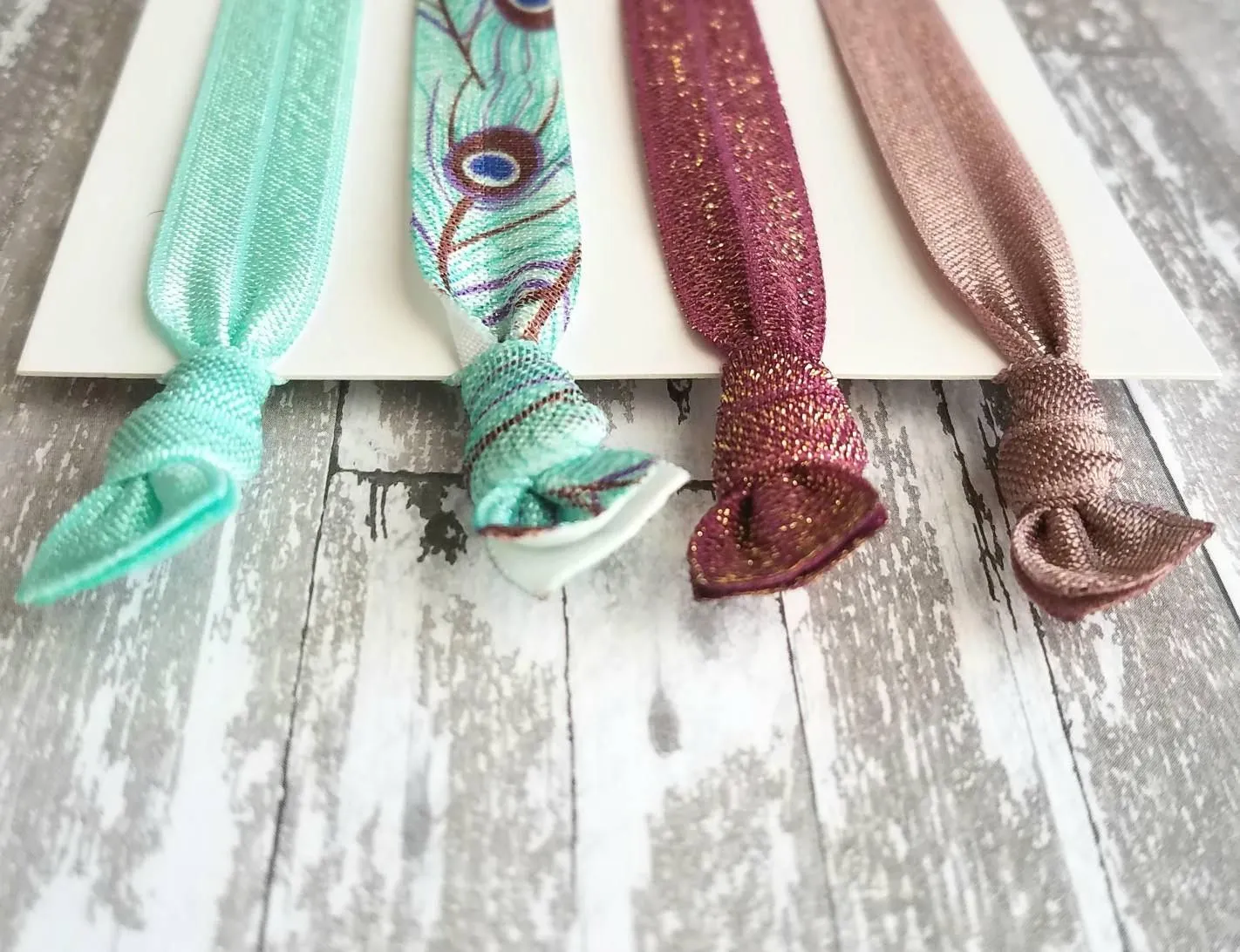 Peacock Hair Accessory Set - tie band elastic stretch knot ponytail ribbon - feather print aqua turquoise blue mauve purple sparkle wine