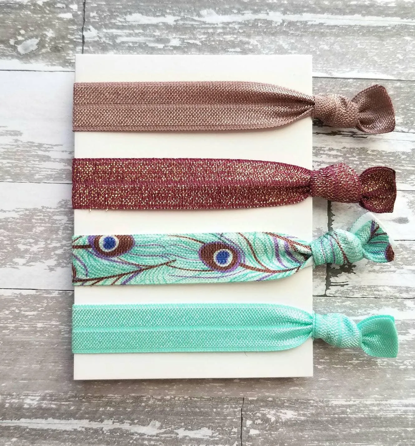 Peacock Hair Accessory Set - tie band elastic stretch knot ponytail ribbon - feather print aqua turquoise blue mauve purple sparkle wine
