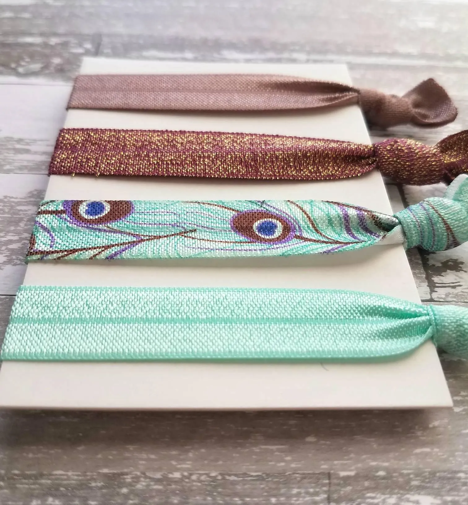 Peacock Hair Accessory Set - tie band elastic stretch knot ponytail ribbon - feather print aqua turquoise blue mauve purple sparkle wine