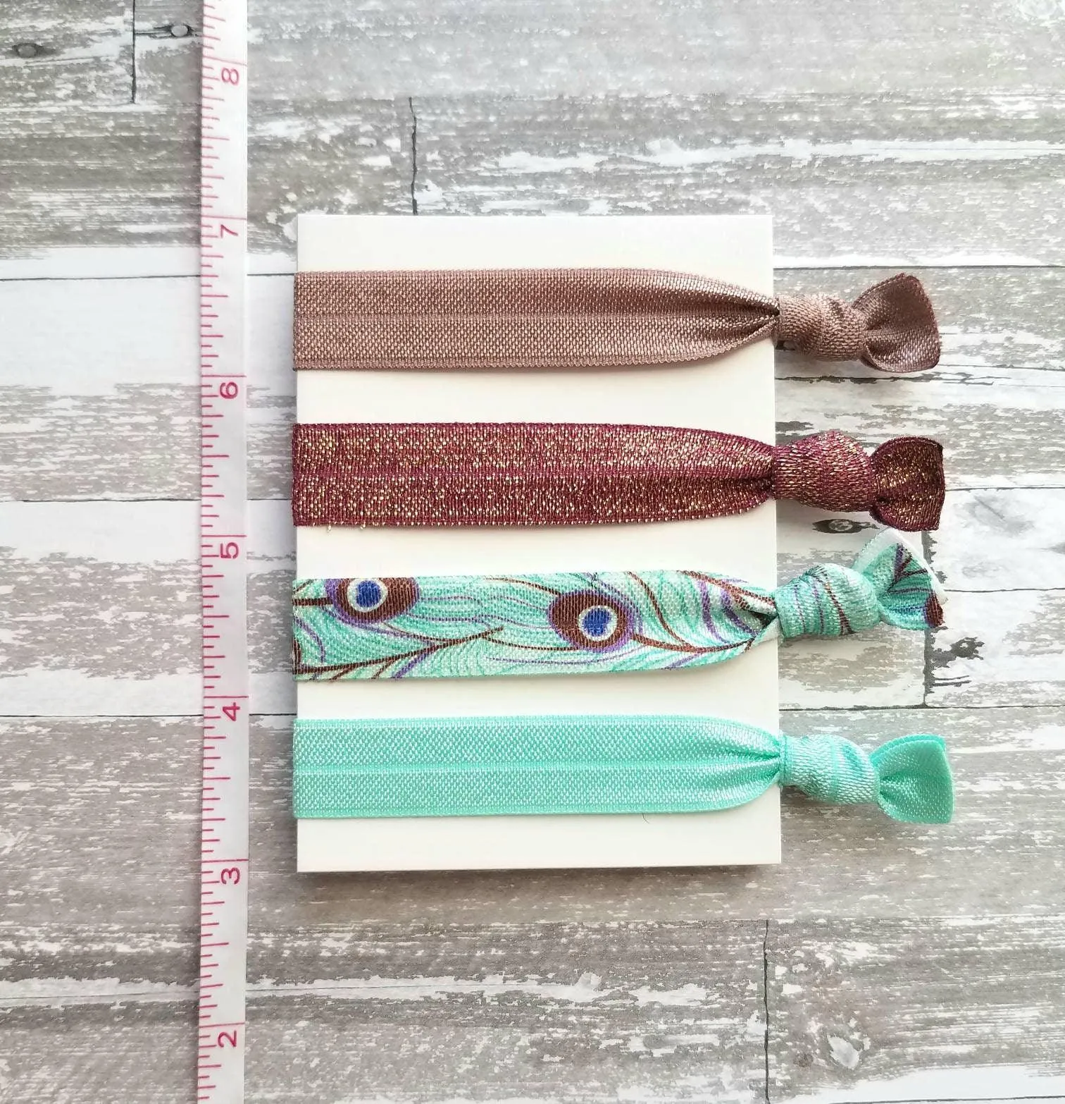 Peacock Hair Accessory Set - tie band elastic stretch knot ponytail ribbon - feather print aqua turquoise blue mauve purple sparkle wine