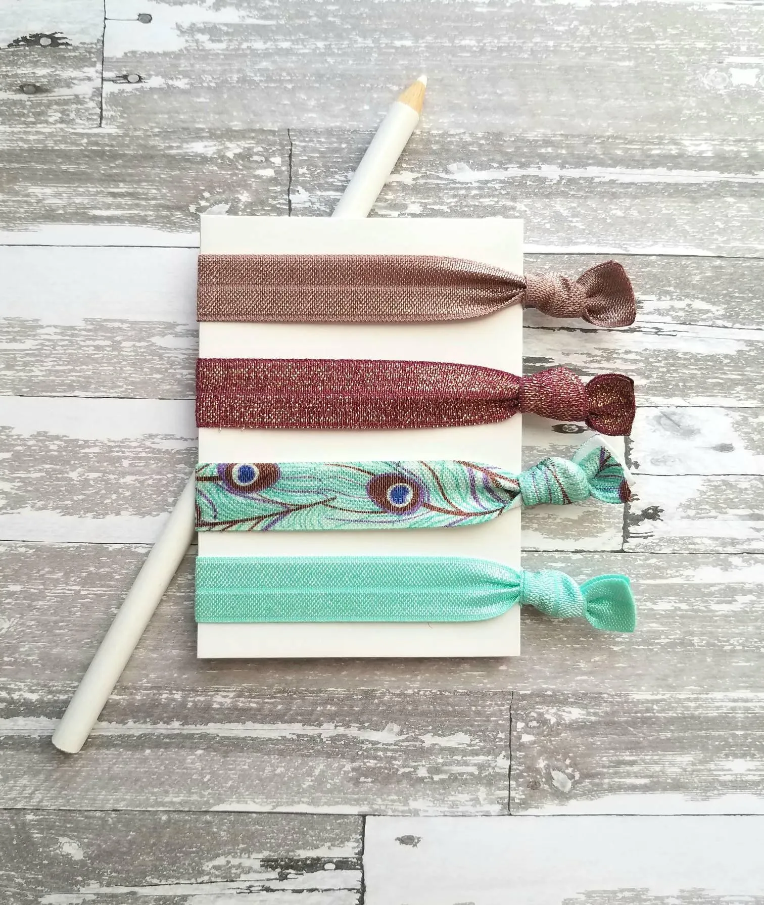 Peacock Hair Accessory Set - tie band elastic stretch knot ponytail ribbon - feather print aqua turquoise blue mauve purple sparkle wine