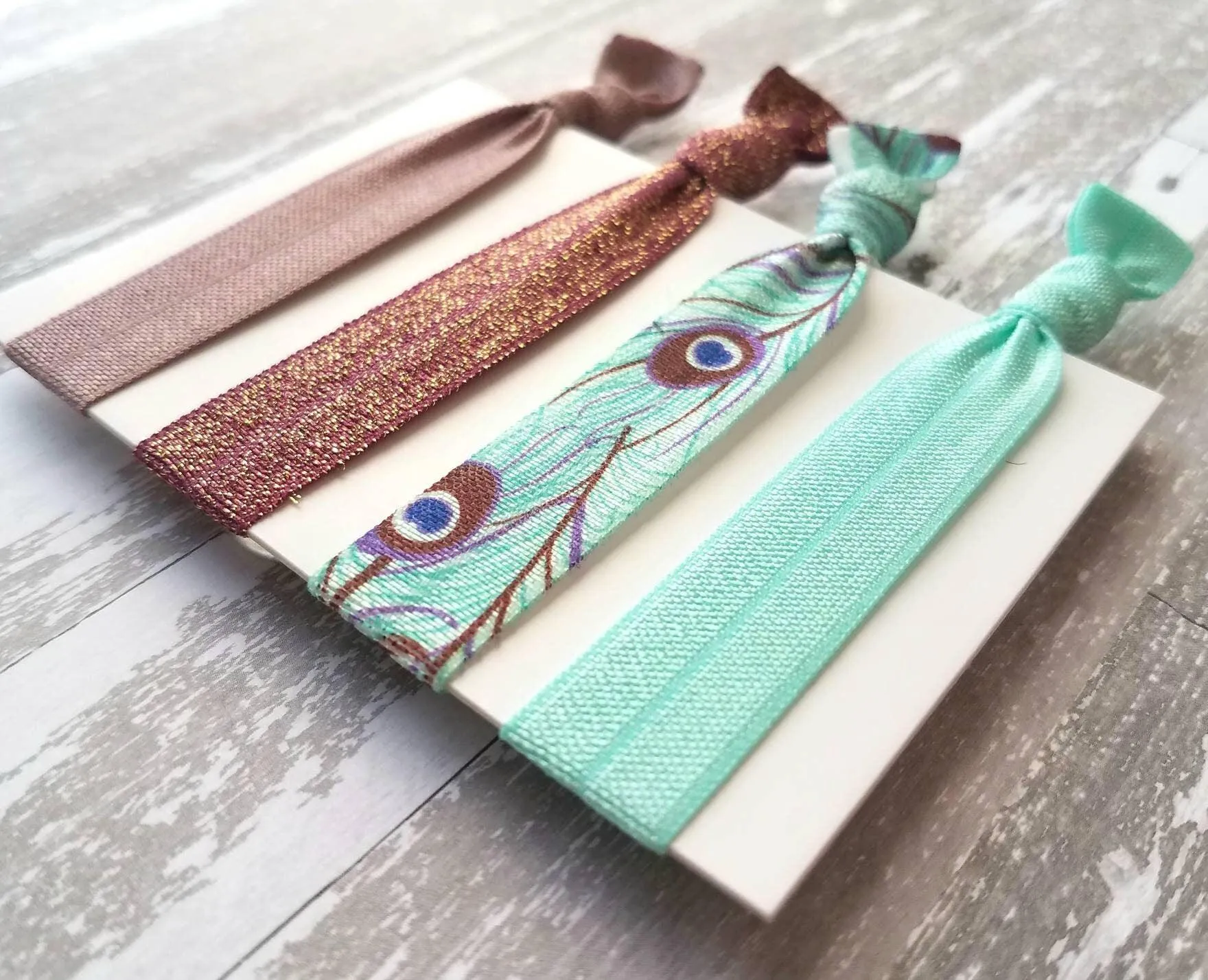 Peacock Hair Accessory Set - tie band elastic stretch knot ponytail ribbon - feather print aqua turquoise blue mauve purple sparkle wine