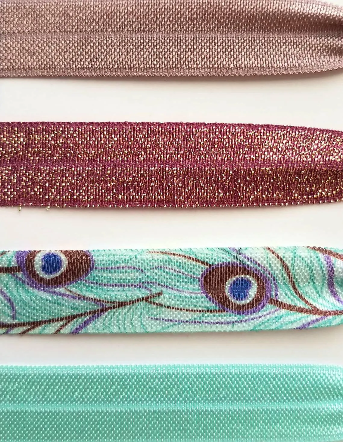 Peacock Hair Accessory Set - tie band elastic stretch knot ponytail ribbon - feather print aqua turquoise blue mauve purple sparkle wine