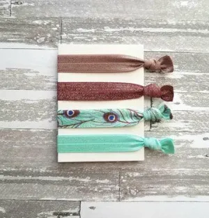 Peacock Hair Accessory Set - tie band elastic stretch knot ponytail ribbon - feather print aqua turquoise blue mauve purple sparkle wine