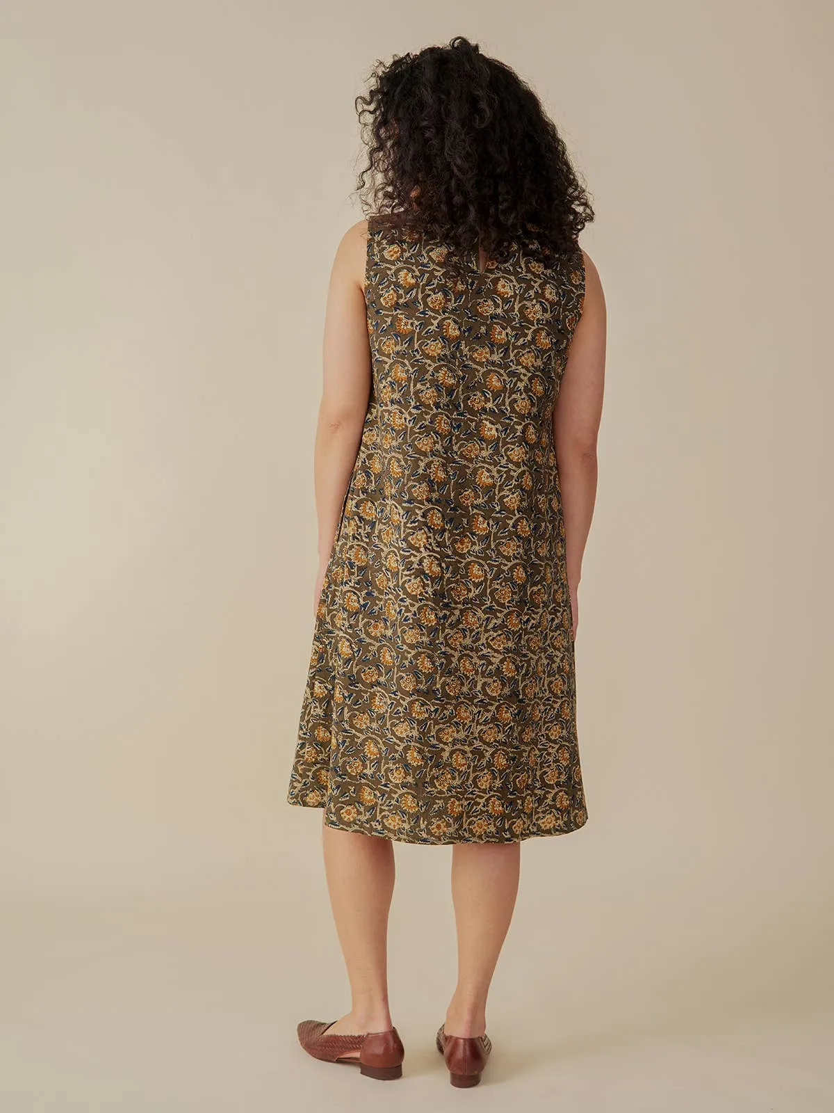 Penny Pintucked Dress Olive Kalamkari