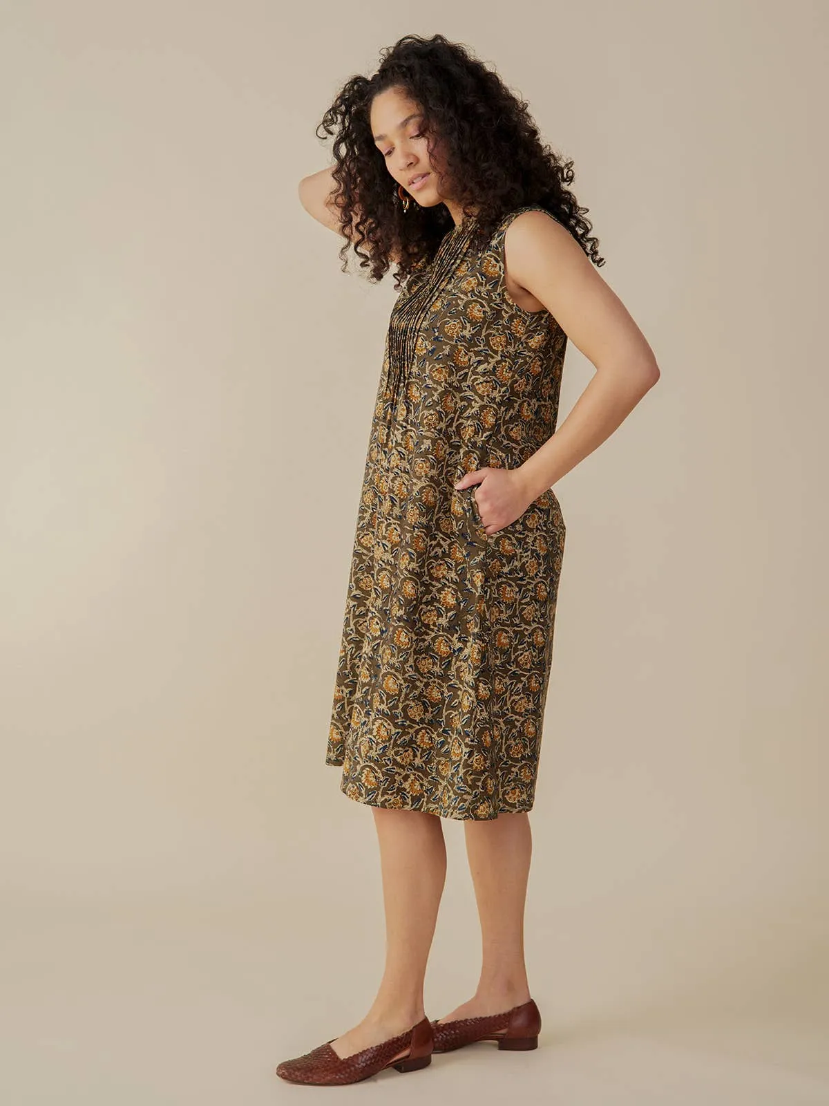 Penny Pintucked Dress Olive Kalamkari