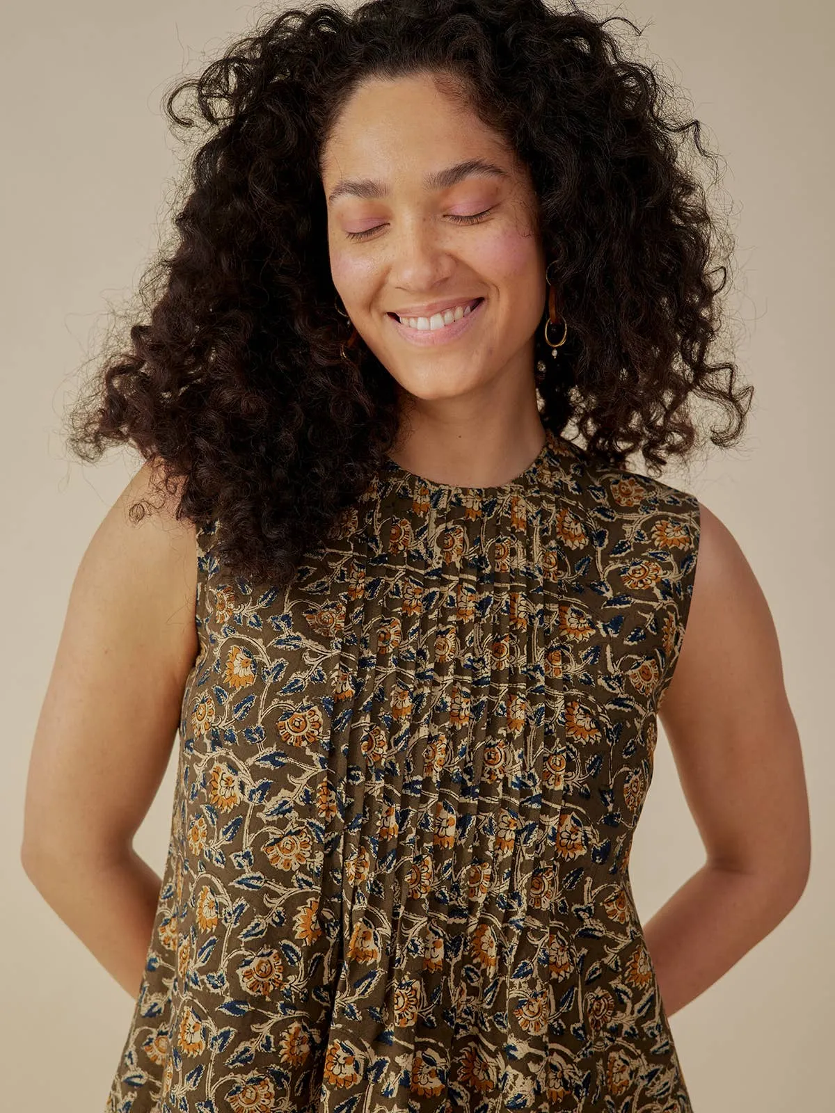 Penny Pintucked Dress Olive Kalamkari