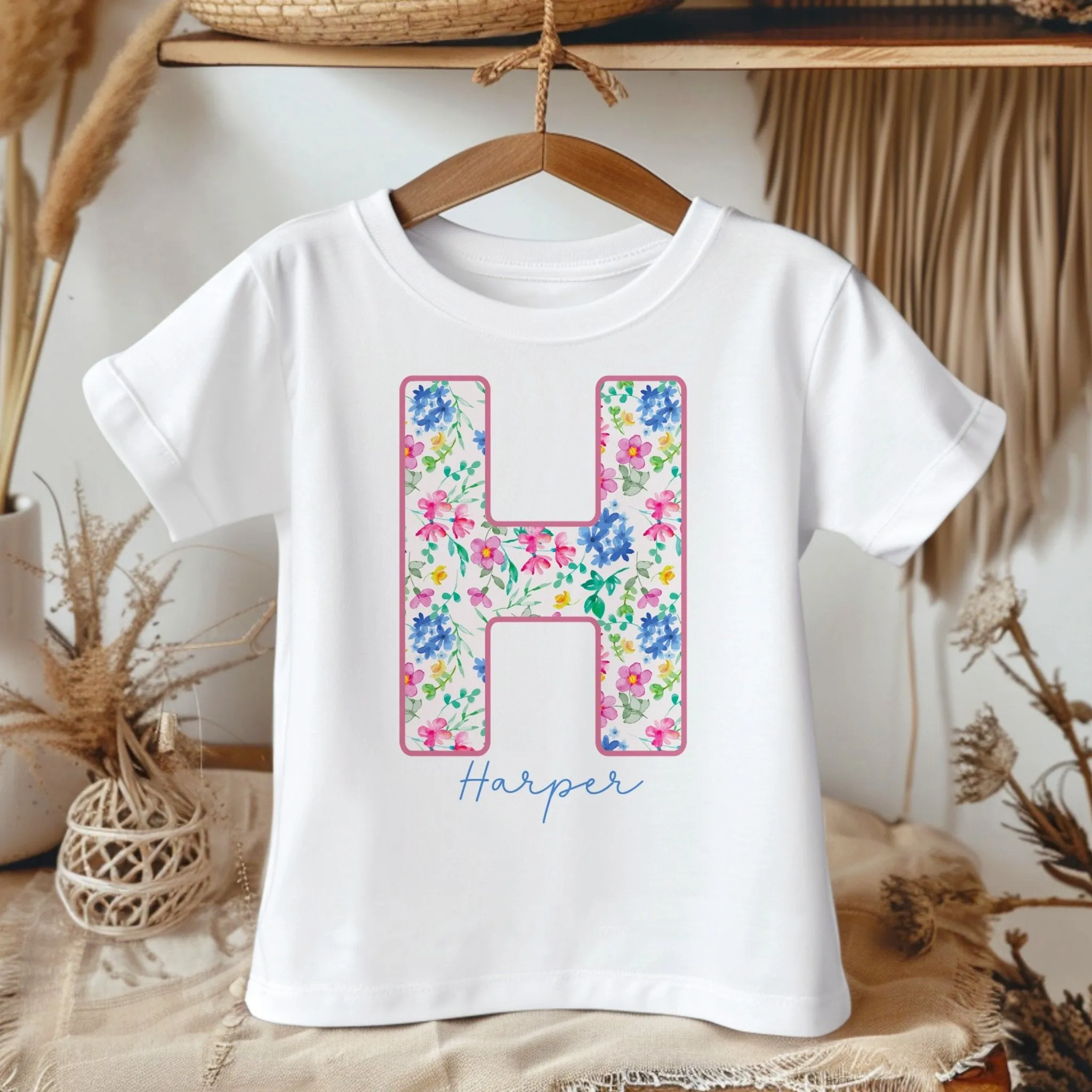Personalised Name Colorful Flowers Pattern Toddler & Kids T Shirt