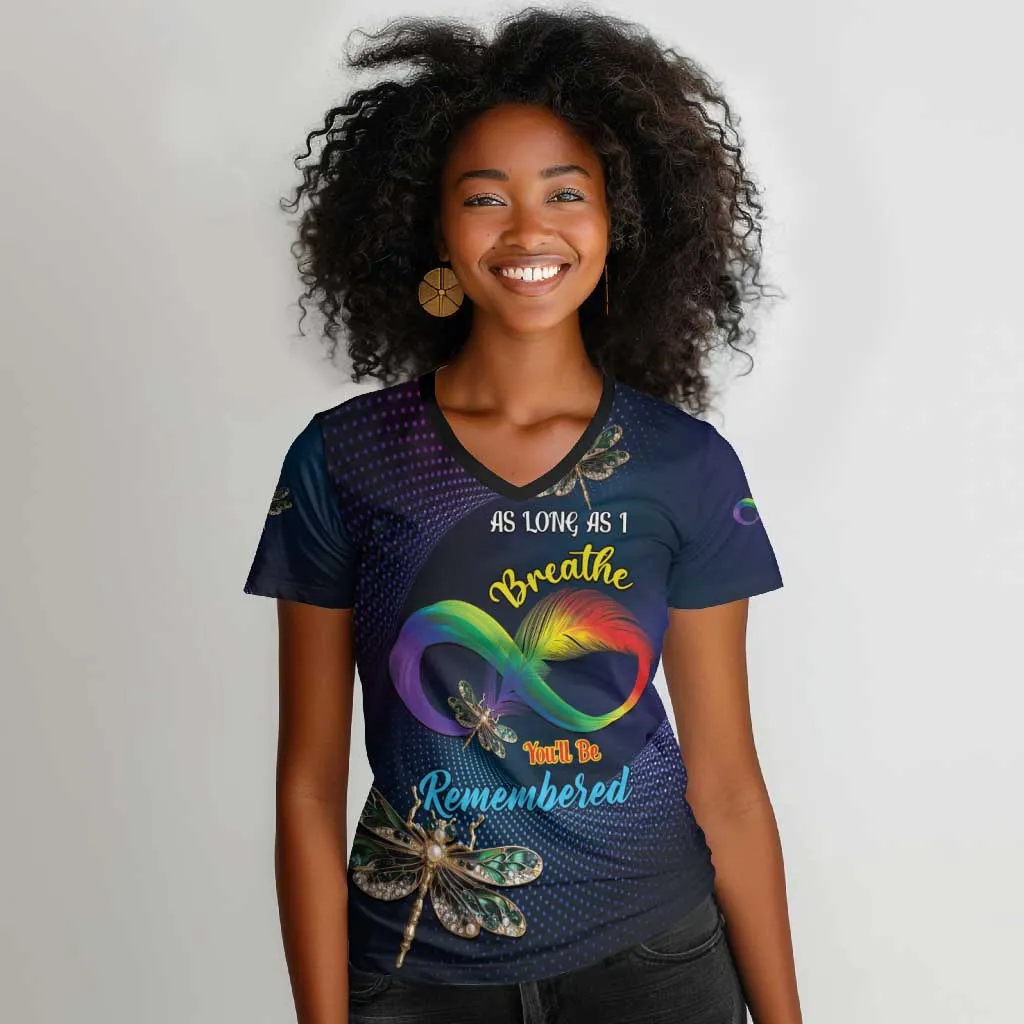 Personalized As Long As I Breathe You'll Be Remembered Women V-Neck T-Shirt Luxury Dragonfly - Feather Infinity LT01