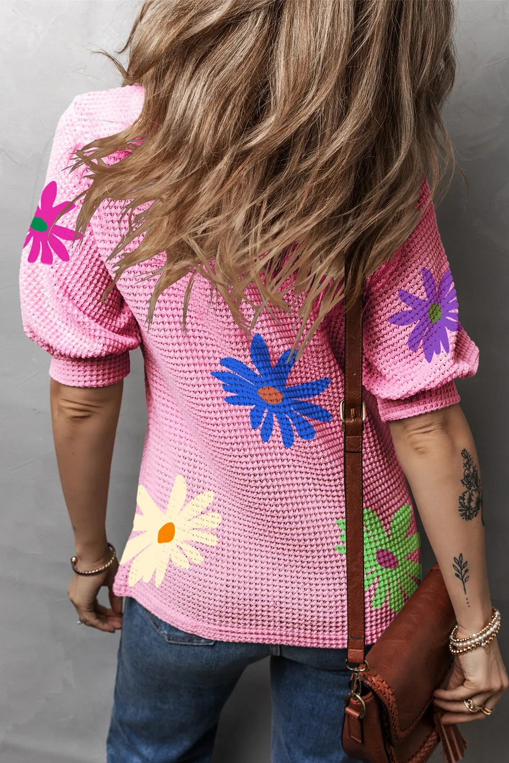 Pink Textured Colorful Floral Print Puff Sleeve T Shirt