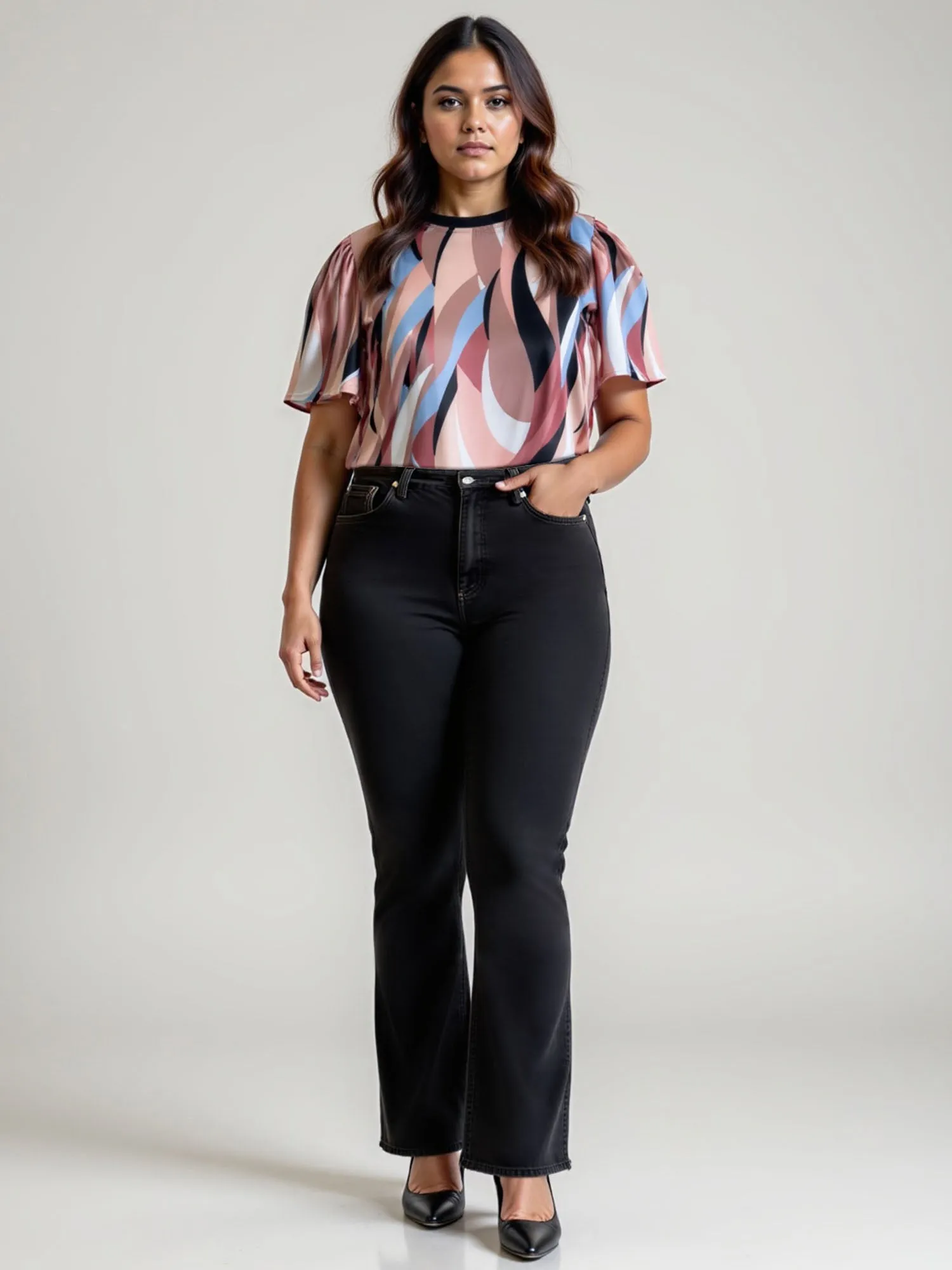 Plus Crew Neck Abstract Printed Satin Top