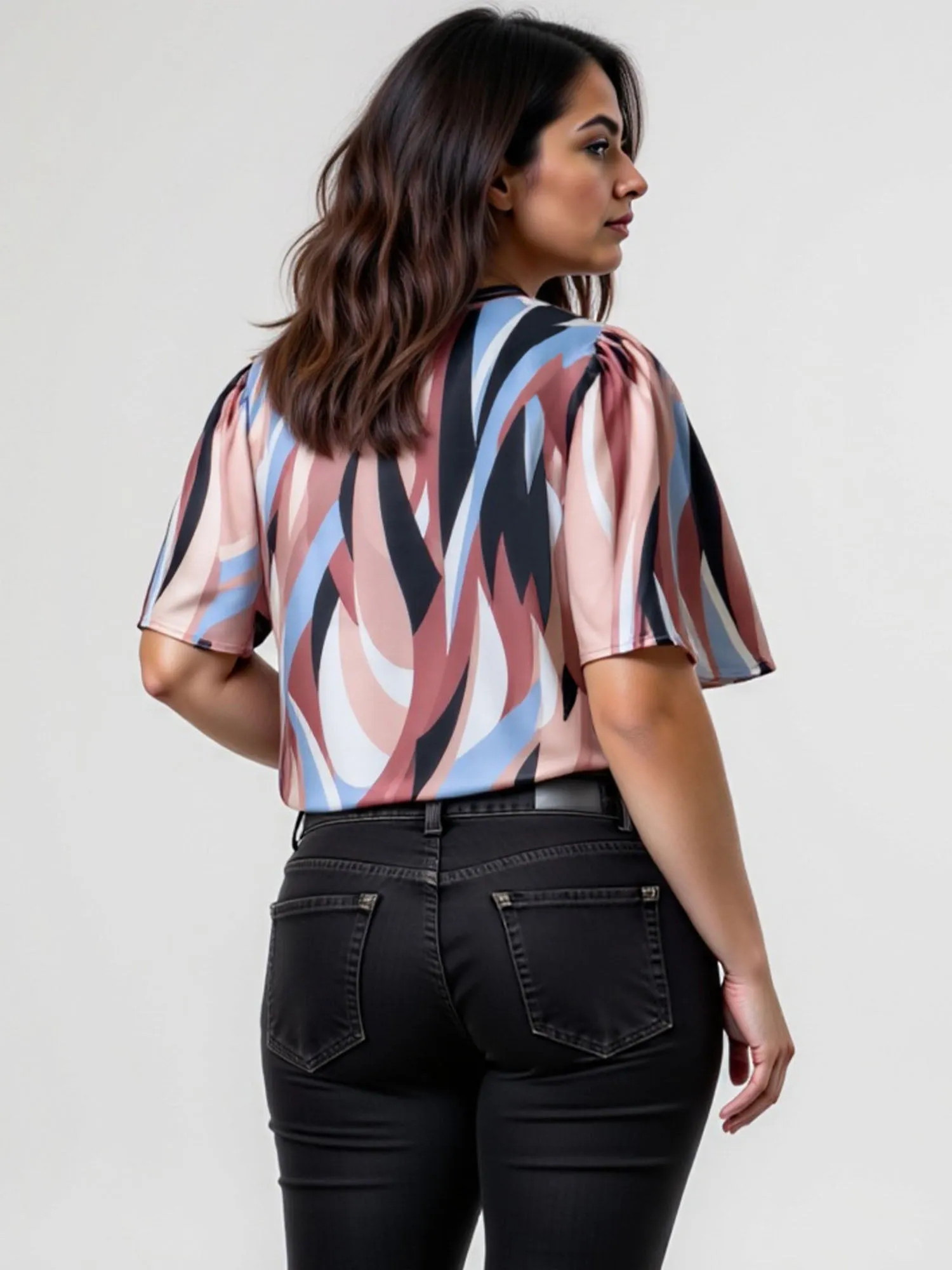 Plus Crew Neck Abstract Printed Satin Top