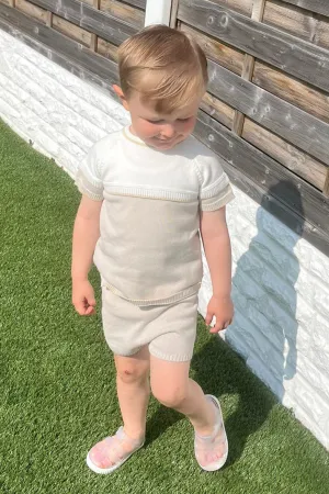 "Theo" Stone, Ivory & Beige Knit Top & Shorts