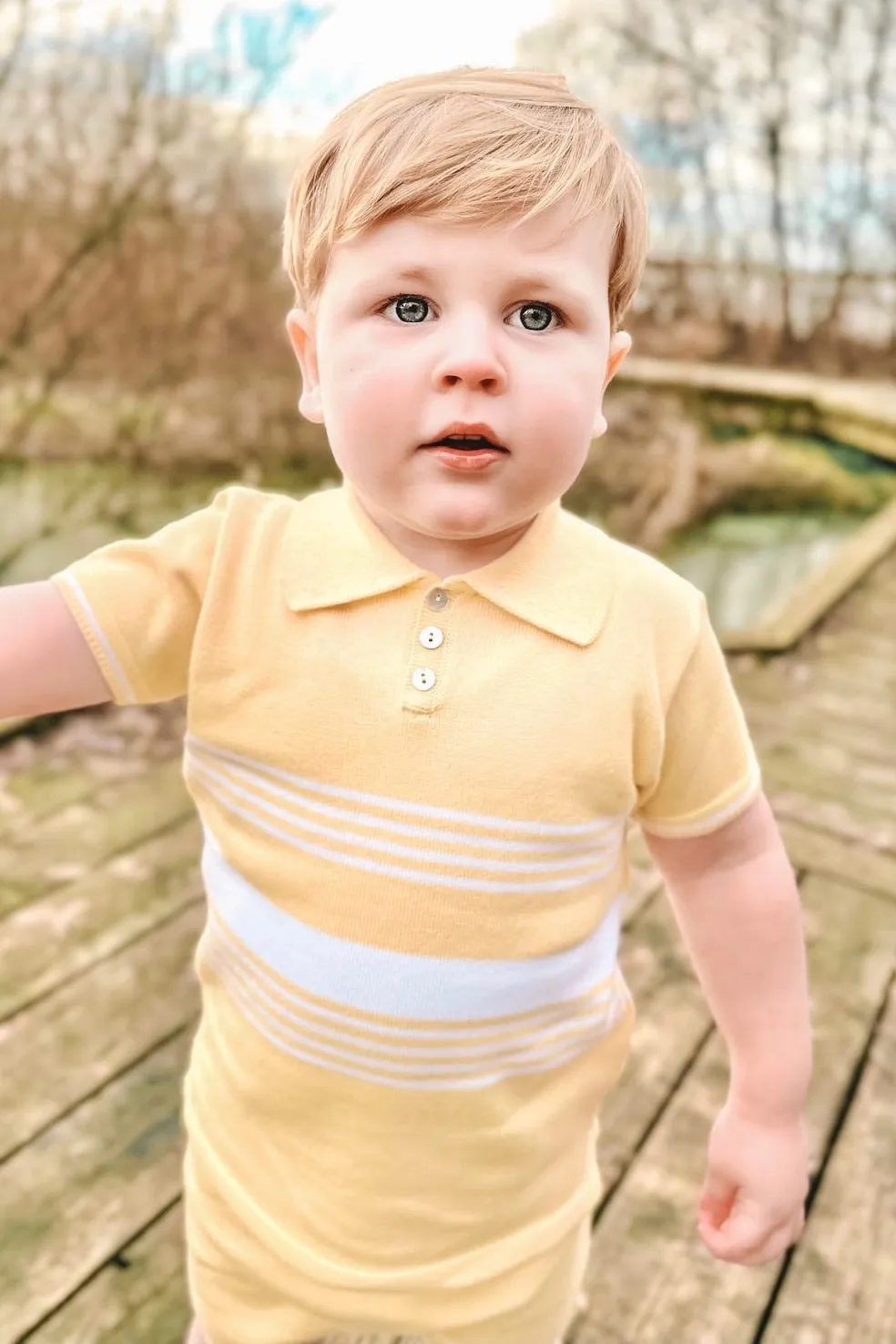 "Timmy" Pale Yellow Stripe Knit Top & Shorts