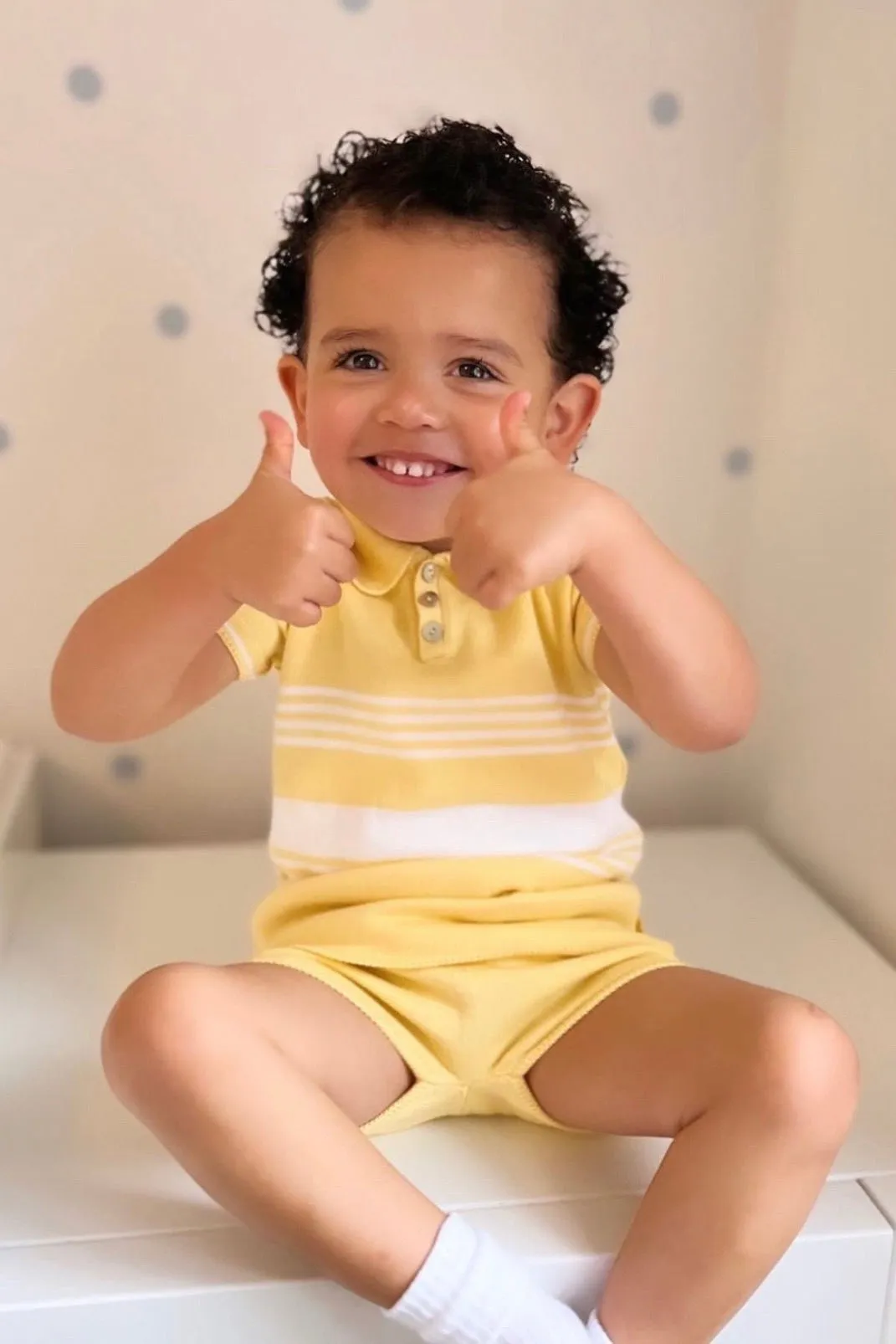 "Timmy" Pale Yellow Stripe Knit Top & Shorts