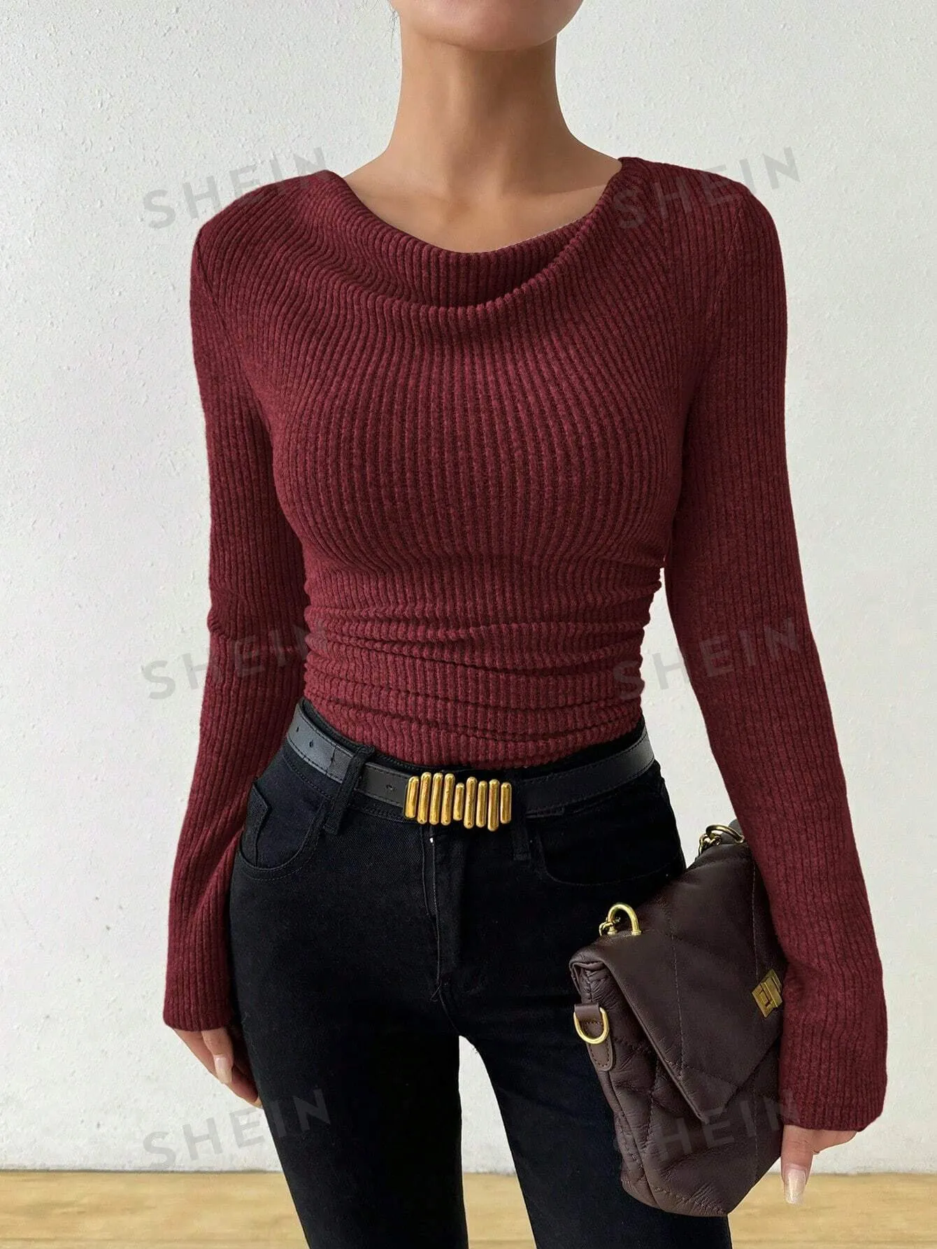 Raffinéa Vintage Asymmetrical Draped Neck Textured Gathered Fitted Long Sleeve T-Shirt