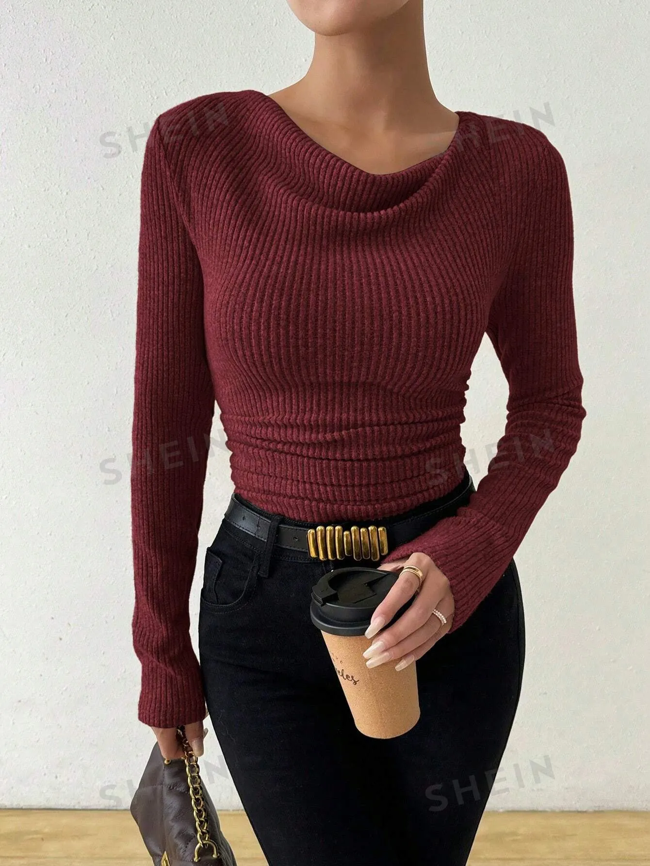 Raffinéa Vintage Asymmetrical Draped Neck Textured Gathered Fitted Long Sleeve T-Shirt