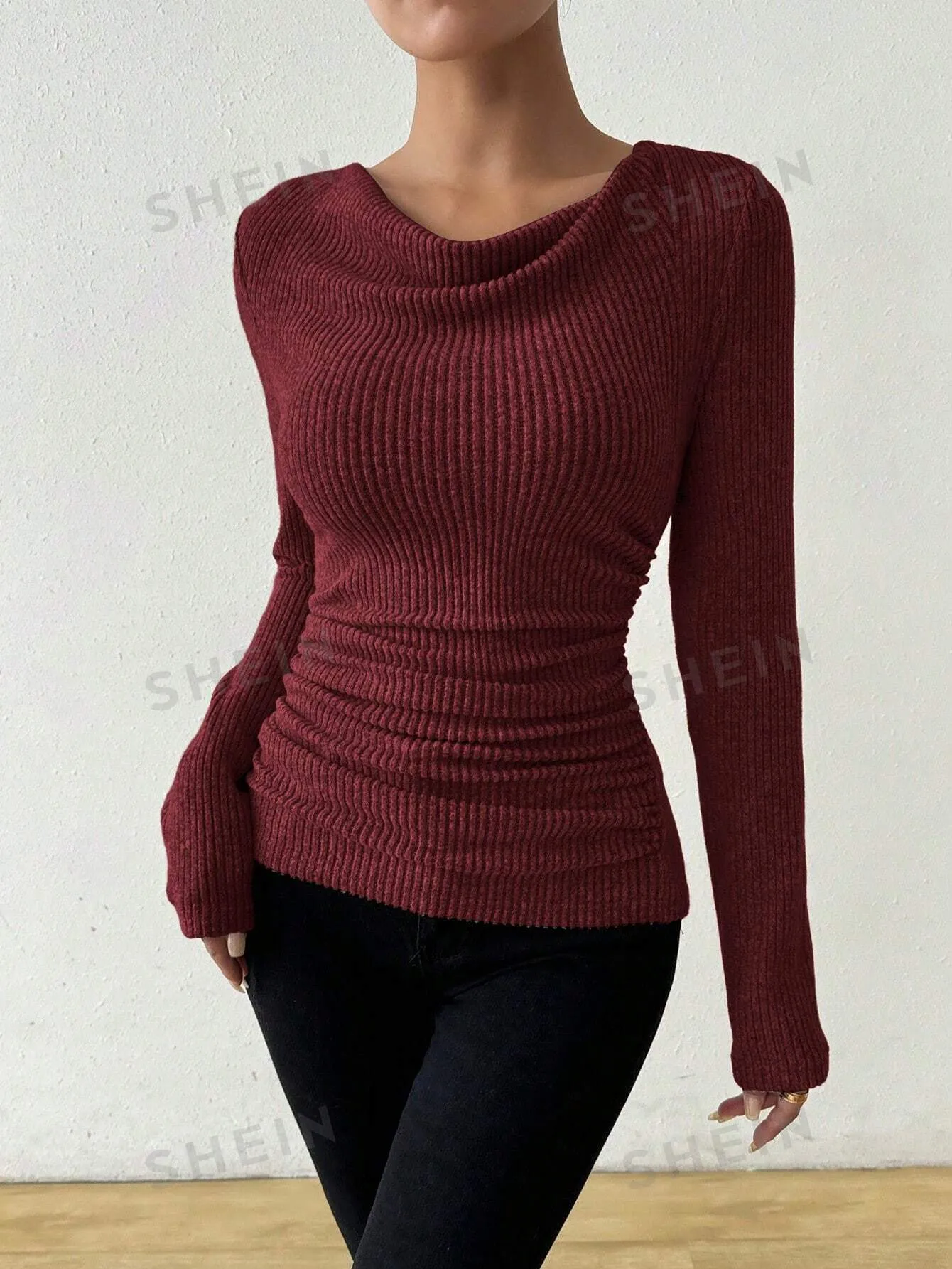 Raffinéa Vintage Asymmetrical Draped Neck Textured Gathered Fitted Long Sleeve T-Shirt