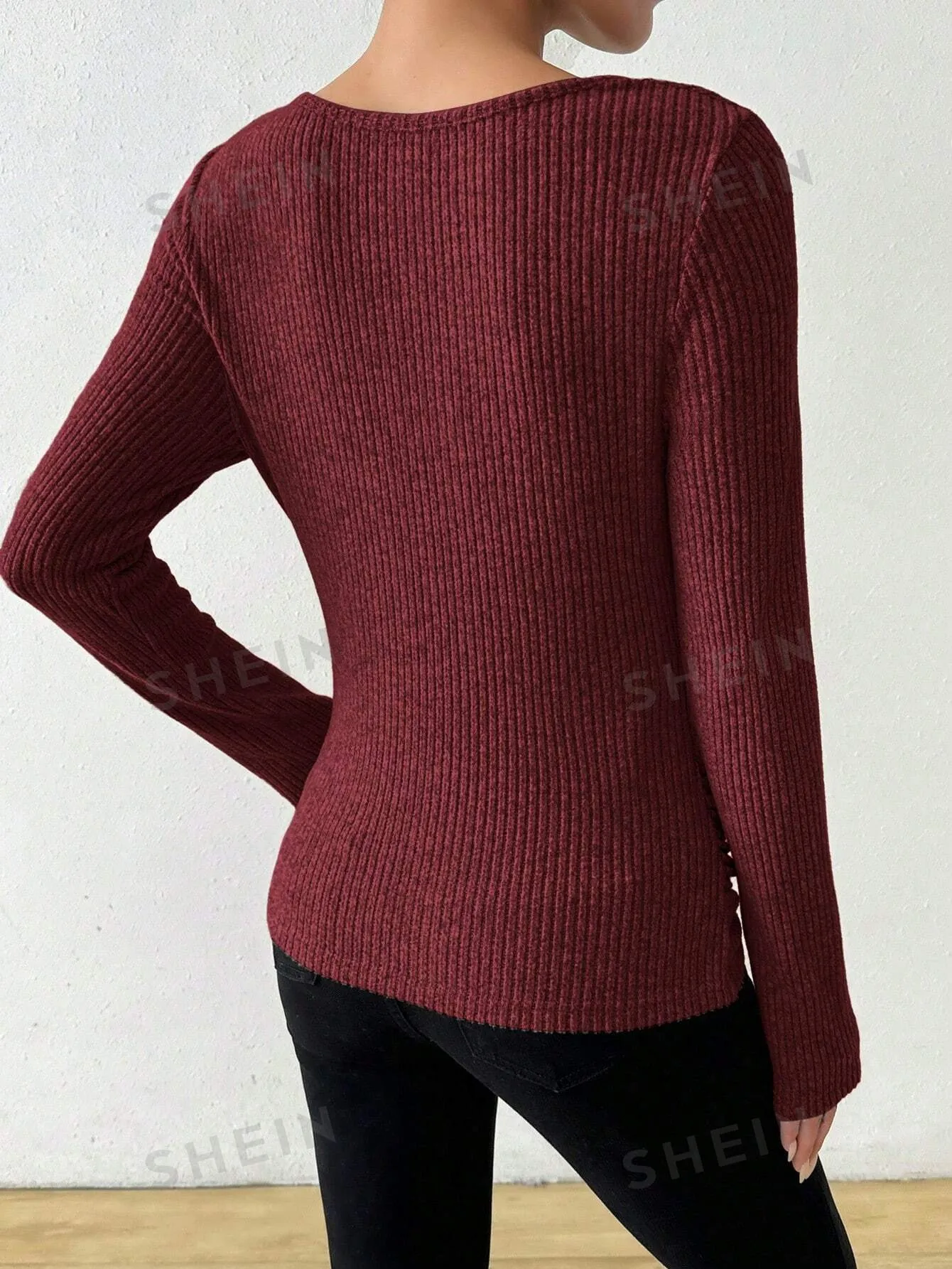 Raffinéa Vintage Asymmetrical Draped Neck Textured Gathered Fitted Long Sleeve T-Shirt