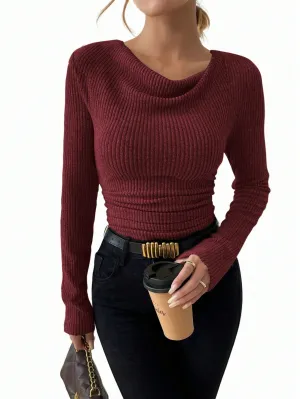 Raffinéa Vintage Asymmetrical Draped Neck Textured Gathered Fitted Long Sleeve T-Shirt