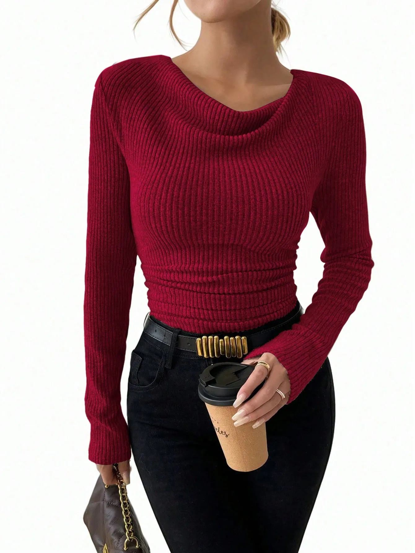 Raffinéa Vintage Asymmetrical Draped Neck Textured Gathered Fitted Long Sleeve T-Shirt
