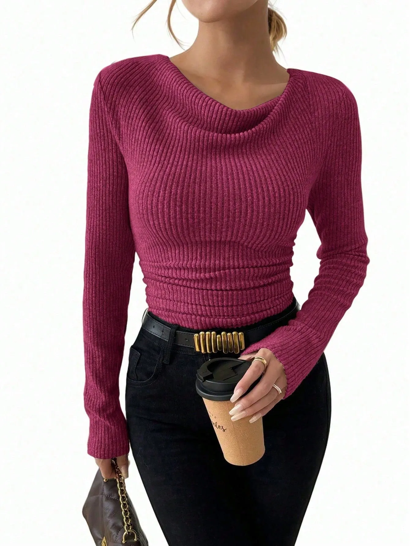 Raffinéa Vintage Asymmetrical Draped Neck Textured Gathered Fitted Long Sleeve T-Shirt