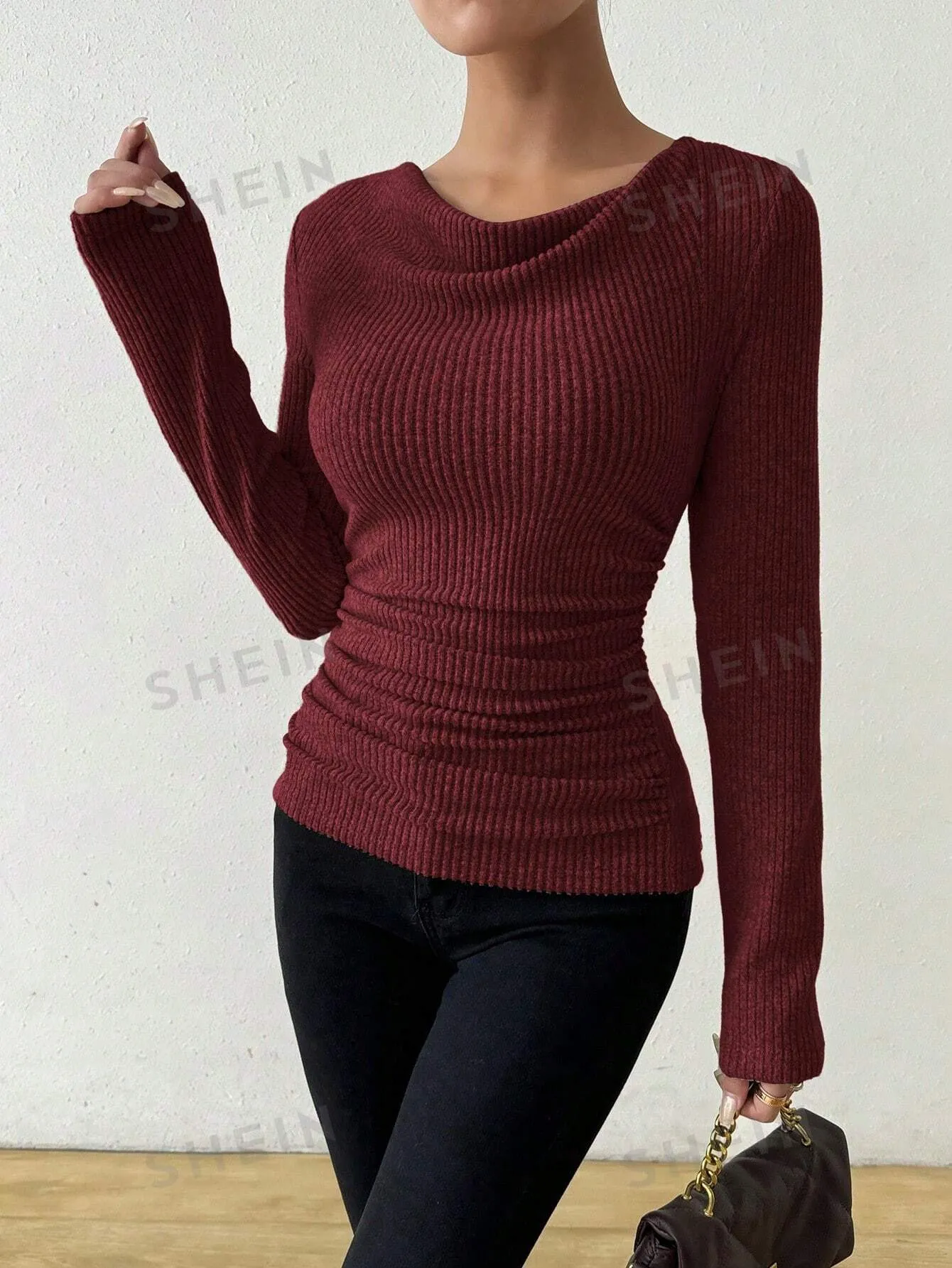 Raffinéa Vintage Asymmetrical Draped Neck Textured Gathered Fitted Long Sleeve T-Shirt