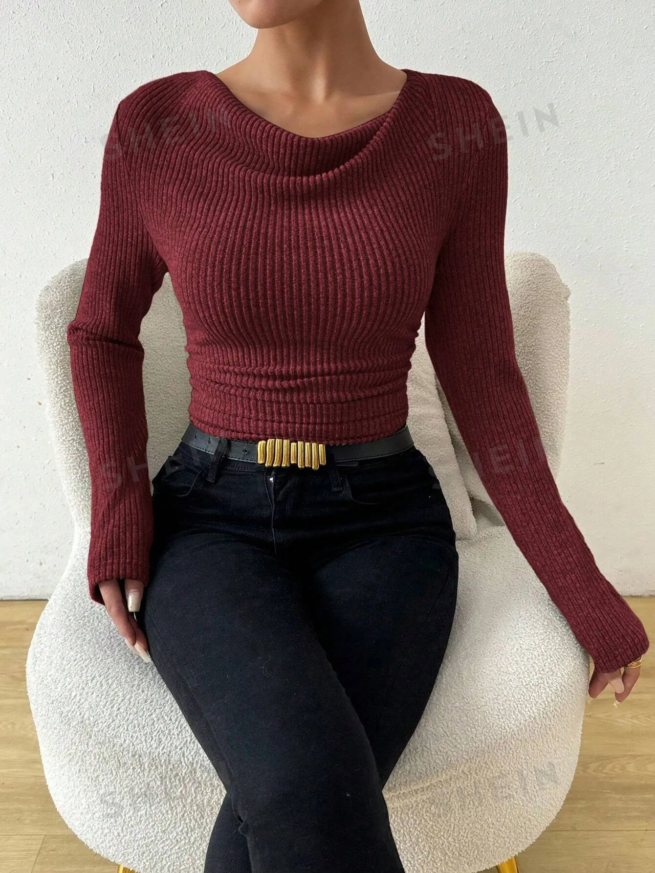 Raffinéa Vintage Asymmetrical Draped Neck Textured Gathered Fitted Long Sleeve T-Shirt